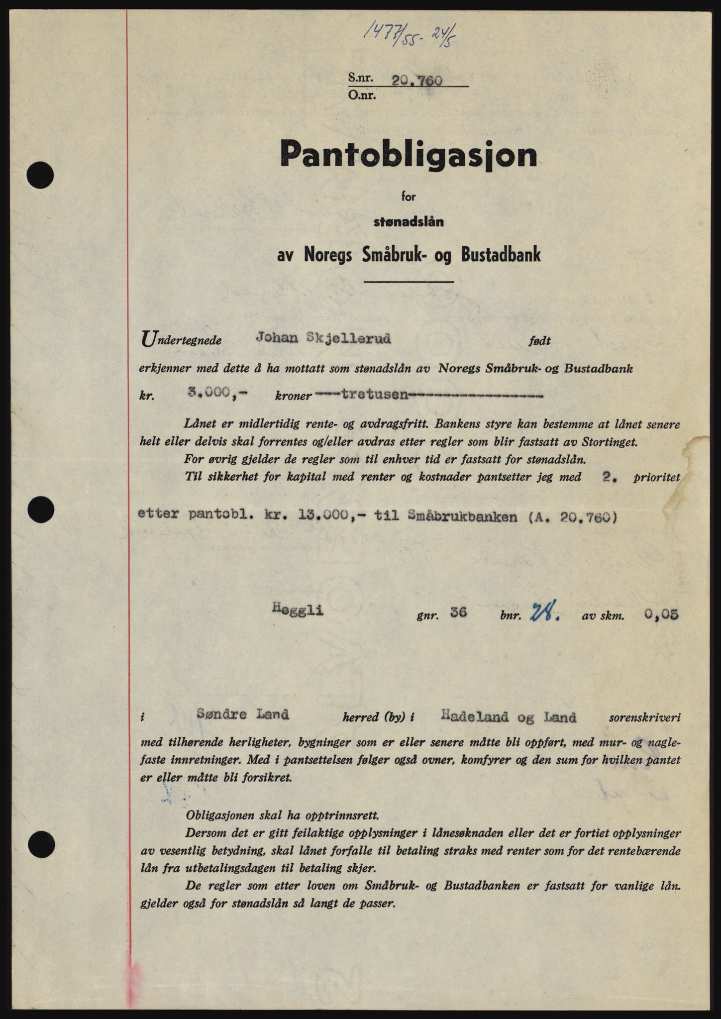 Hadeland og Land tingrett, SAH/TING-010/H/Hb/Hbc/L0032: Pantebok nr. B32, 1955-1955, Dagboknr: 1477/1955