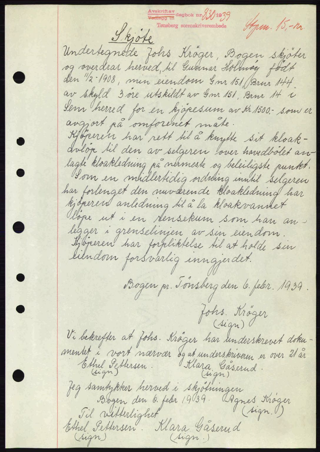 Jarlsberg sorenskriveri, SAKO/A-131/G/Ga/Gaa/L0006: Pantebok nr. A-6, 1938-1939, Dagboknr: 830/1939
