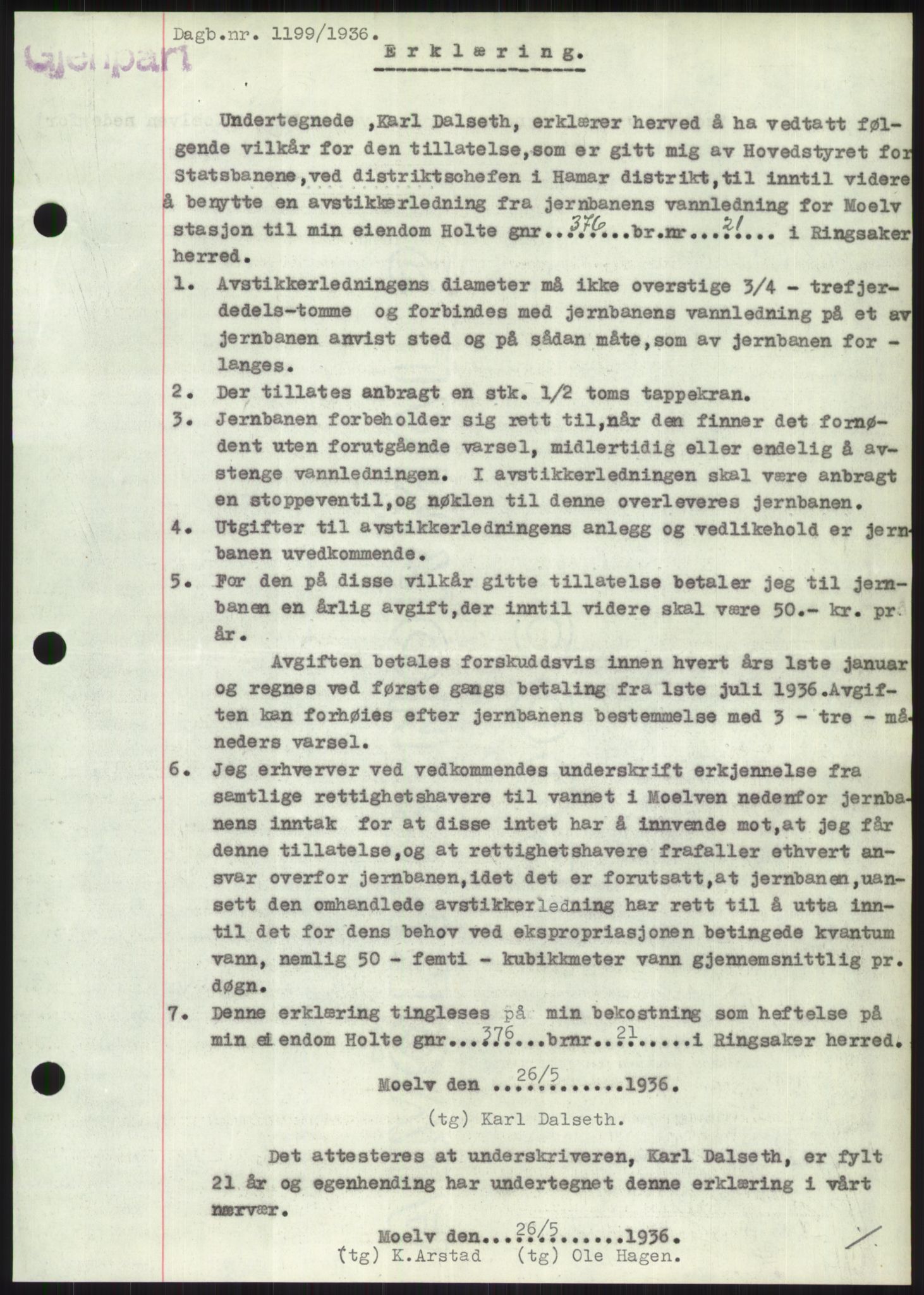 Nord-Hedmark sorenskriveri, SAH/TING-012/H/Hb/Hbf/L0001: Pantebok nr. B1, 1936-1936, Dagboknr: 1199/1936