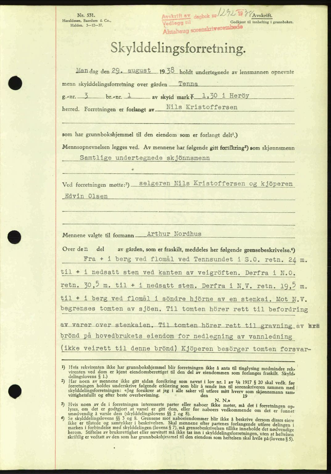 Alstahaug sorenskriveri, SAT/A-1009: Pantebok nr. A3, 1937-1938, Dagboknr: 1292/1938