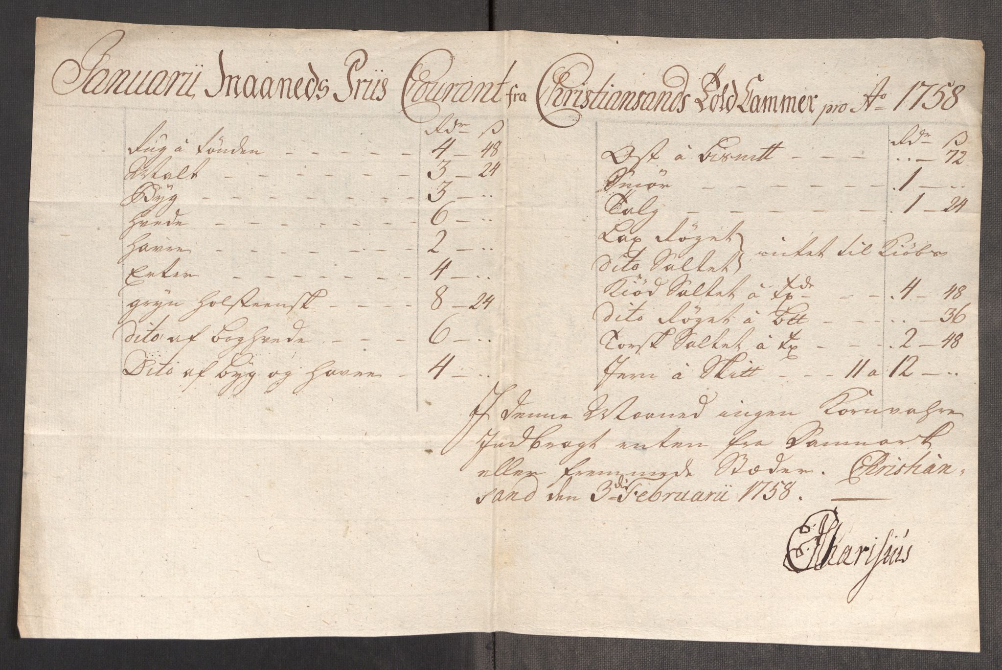 Rentekammeret inntil 1814, Realistisk ordnet avdeling, AV/RA-EA-4070/Oe/L0006: [Ø1]: Priskuranter, 1758-1760, s. 267