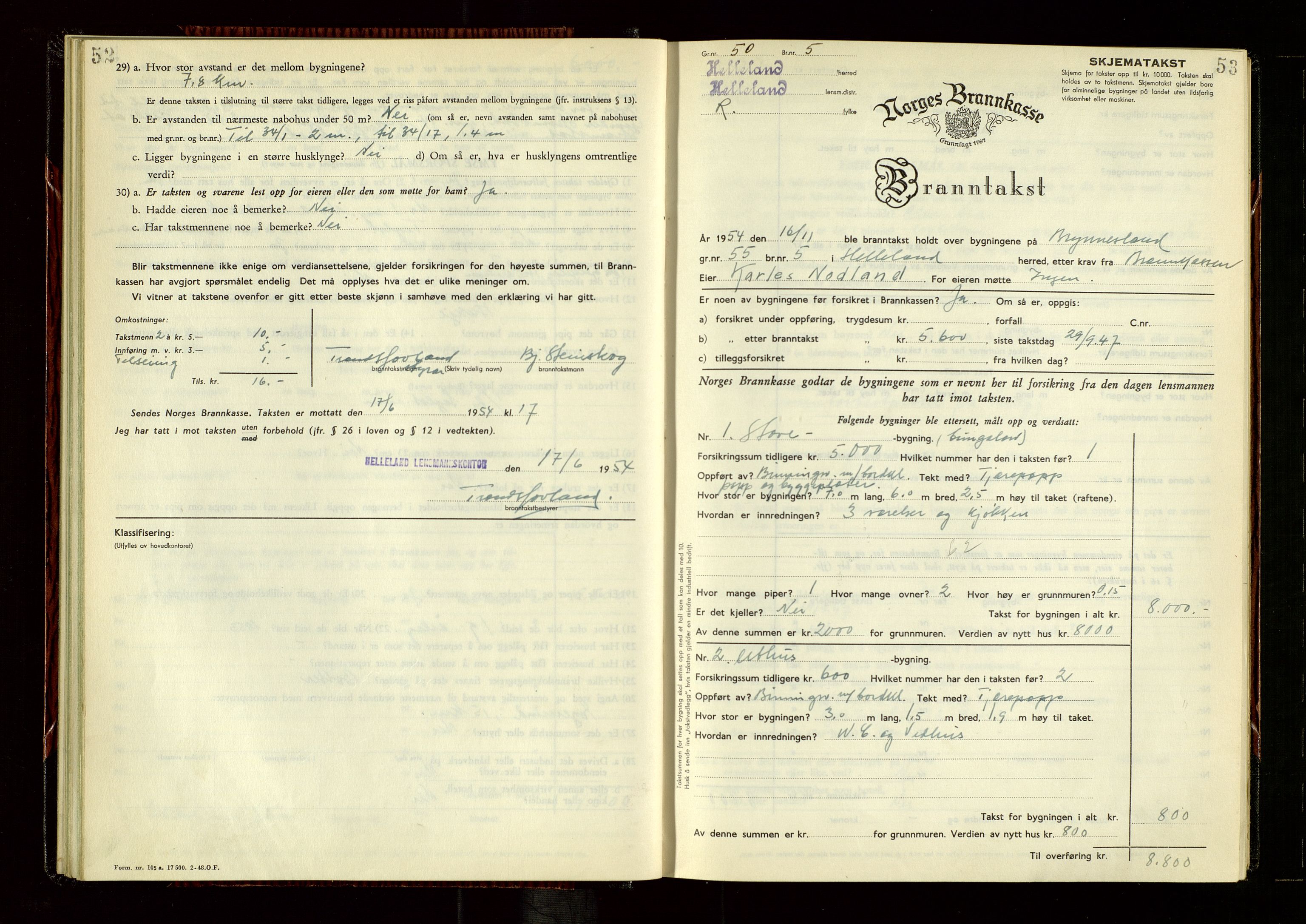 Helleland lensmannskontor, AV/SAST-A-100209/Gob/L0005: "Brandtakstprotokoll", 1950-1955, s. 52-53