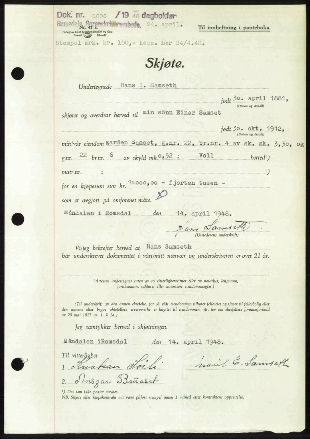 Romsdal sorenskriveri, SAT/A-4149/1/2/2C: Pantebok nr. A26, 1948-1948, Dagboknr: 1006/1948