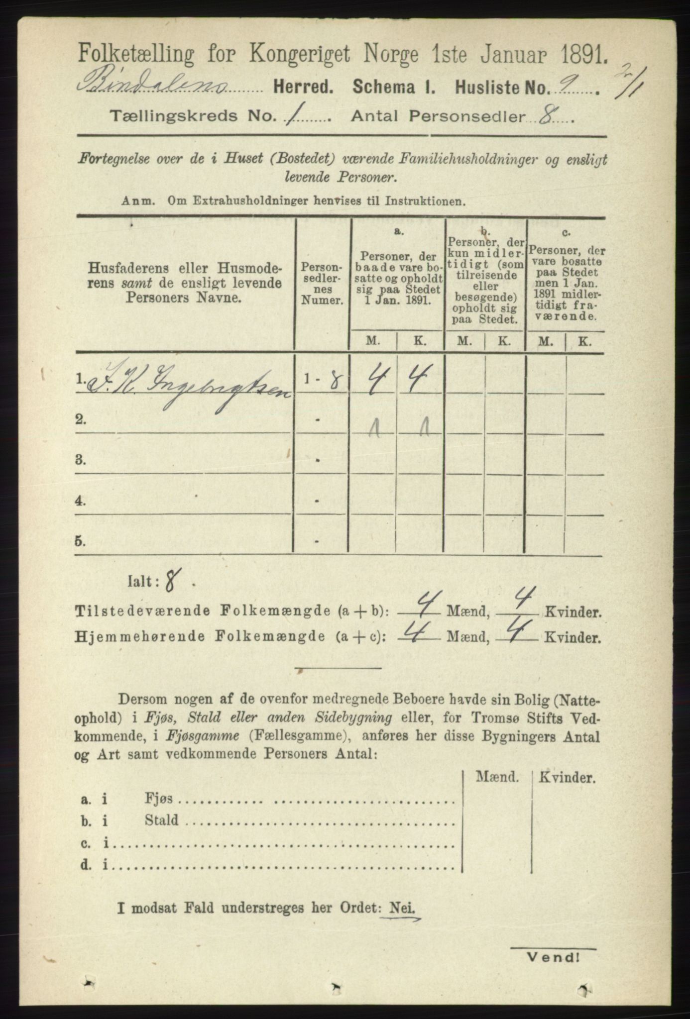 RA, Folketelling 1891 for 1811 Bindal herred, 1891, s. 35