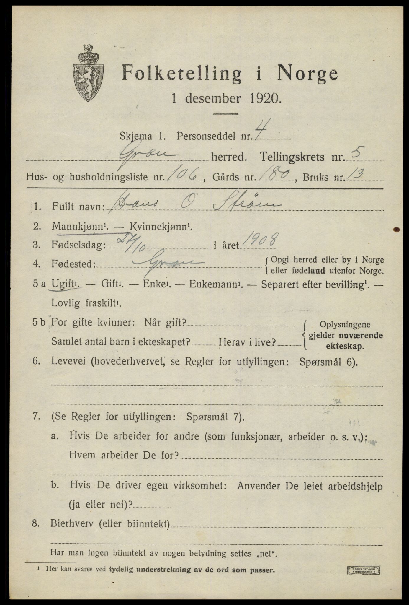 SAH, Folketelling 1920 for 0534 Gran herred, 1920, s. 8249