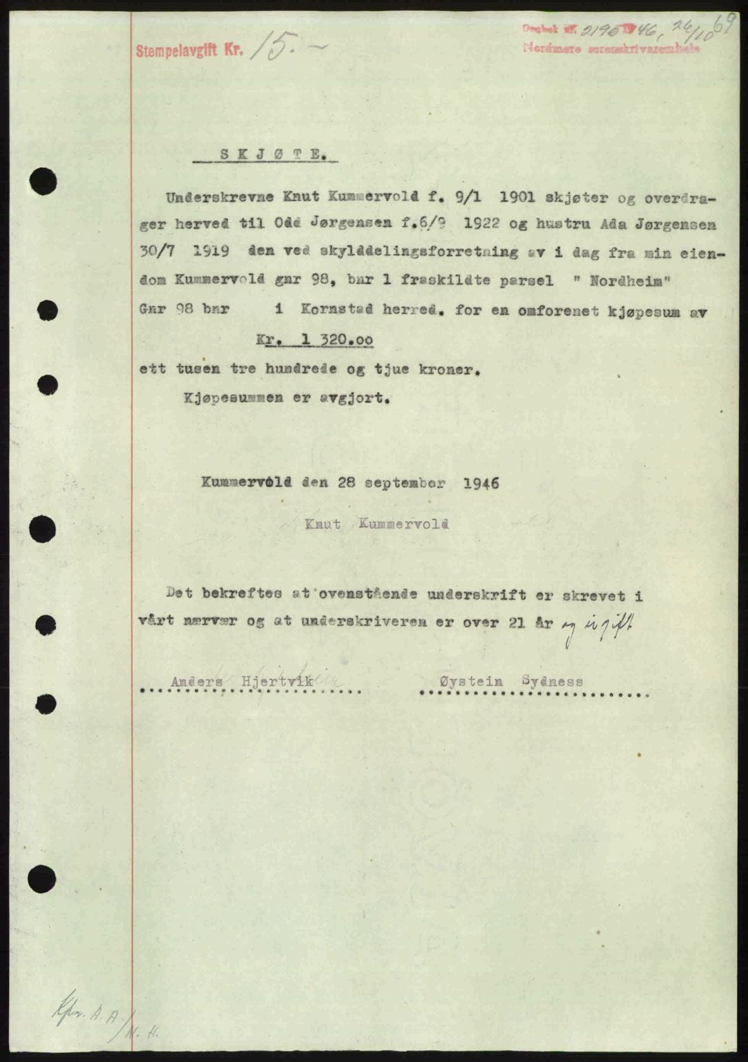 Nordmøre sorenskriveri, SAT/A-4132/1/2/2Ca: Pantebok nr. A103, 1946-1947, Dagboknr: 2190/1946