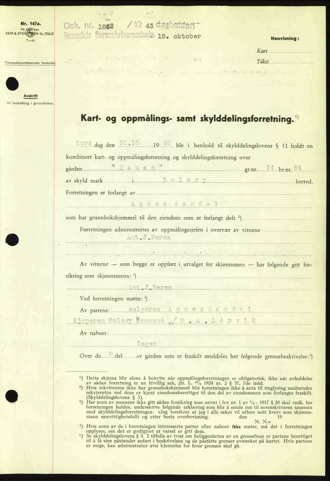 Romsdal sorenskriveri, AV/SAT-A-4149/1/2/2C: Pantebok nr. A15, 1943-1944, Dagboknr: 1862/1943