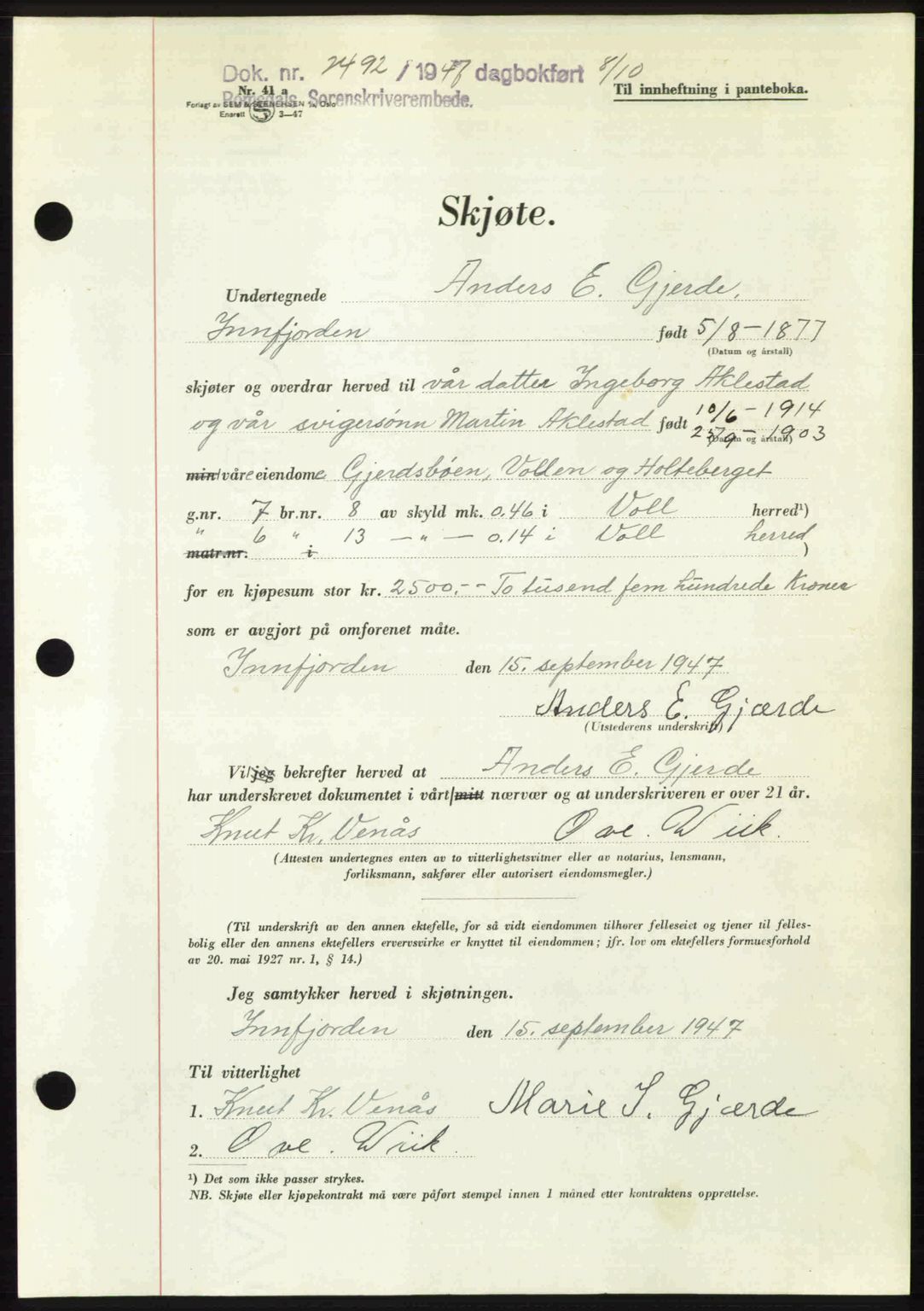 Romsdal sorenskriveri, SAT/A-4149/1/2/2C: Pantebok nr. A24, 1947-1947, Dagboknr: 2492/1947