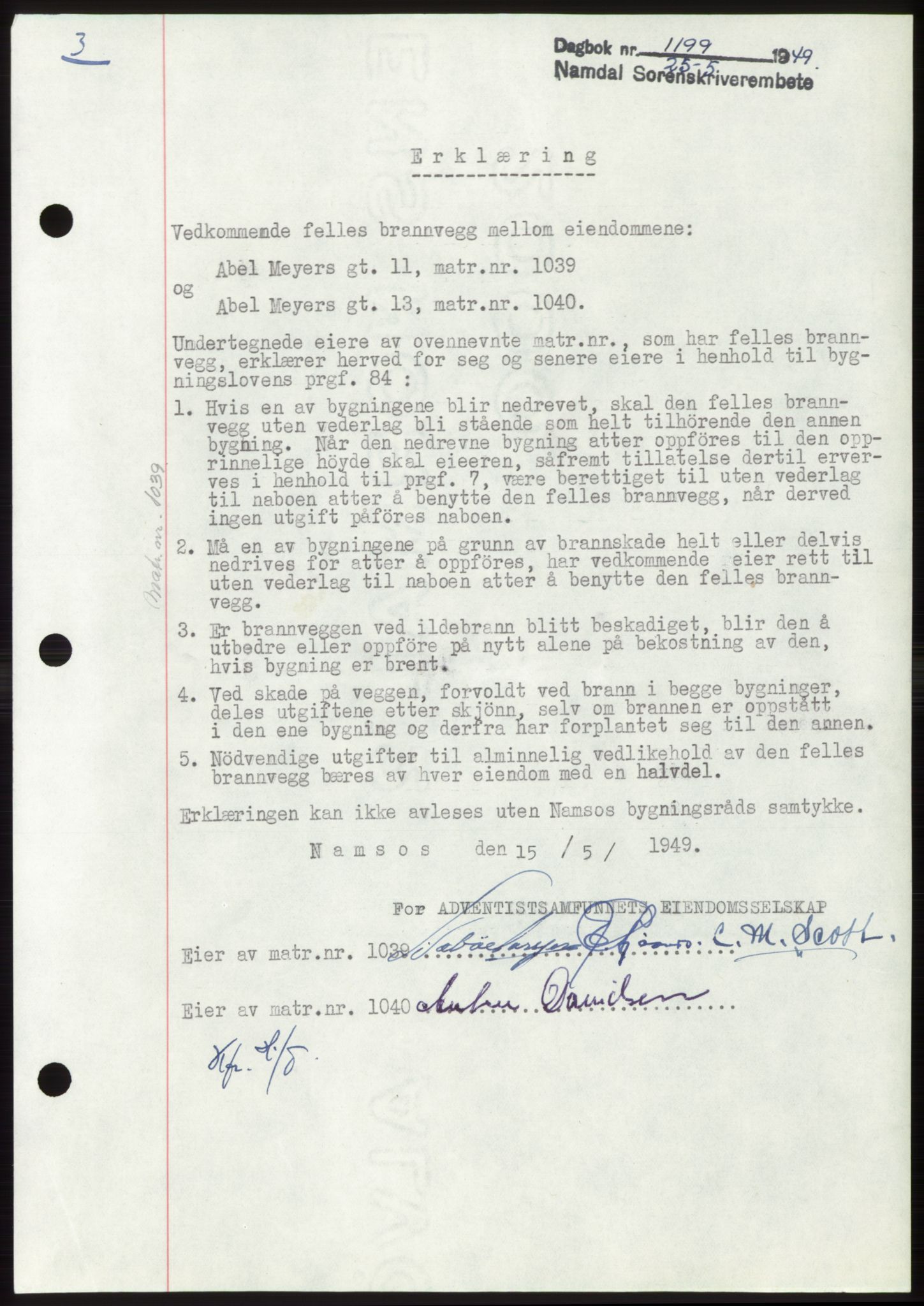 Namdal sorenskriveri, SAT/A-4133/1/2/2C: Pantebok nr. -, 1949-1949, Dagboknr: 1199/1949