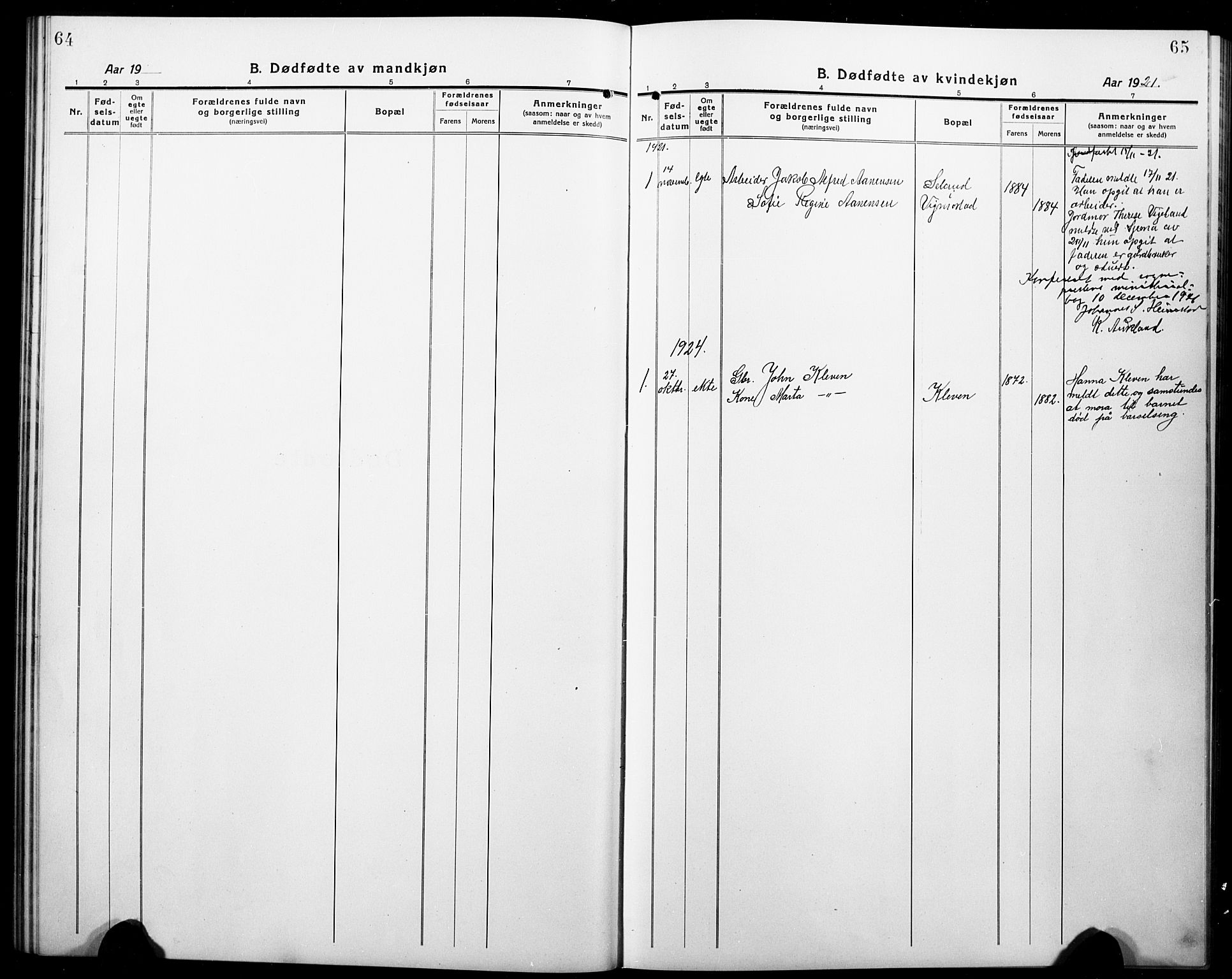 Nord-Audnedal sokneprestkontor, SAK/1111-0032/F/Fb/Fbb/L0005: Klokkerbok nr. B 5, 1918-1929, s. 64-65