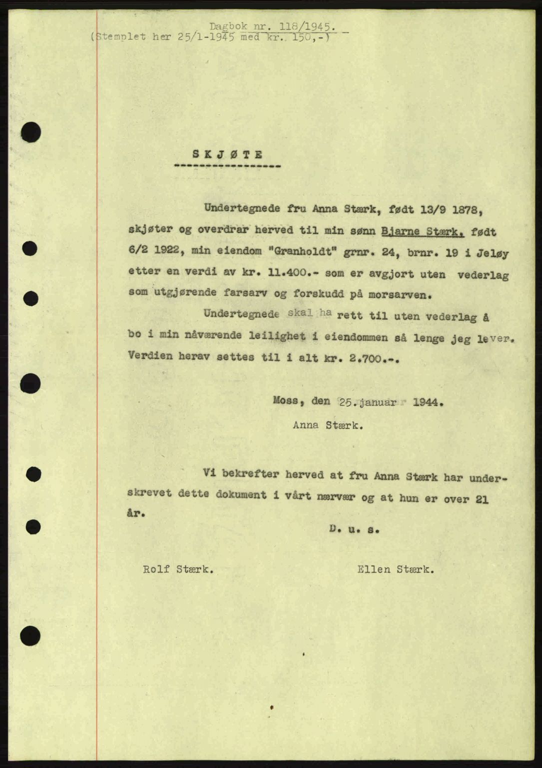 Moss sorenskriveri, SAO/A-10168: Pantebok nr. A13, 1944-1945, Dagboknr: 118/1945