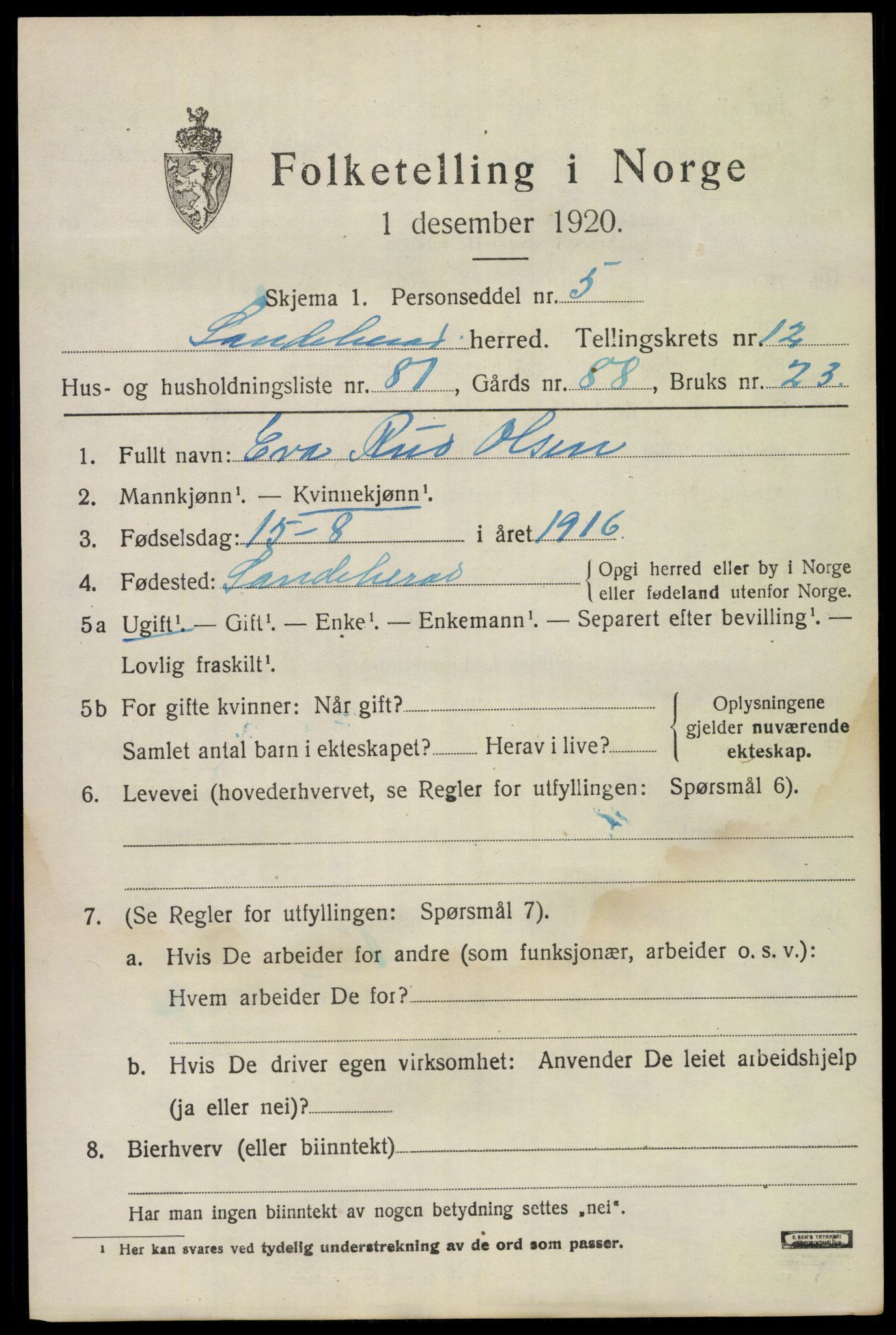 SAKO, Folketelling 1920 for 0724 Sandeherred herred, 1920, s. 19094