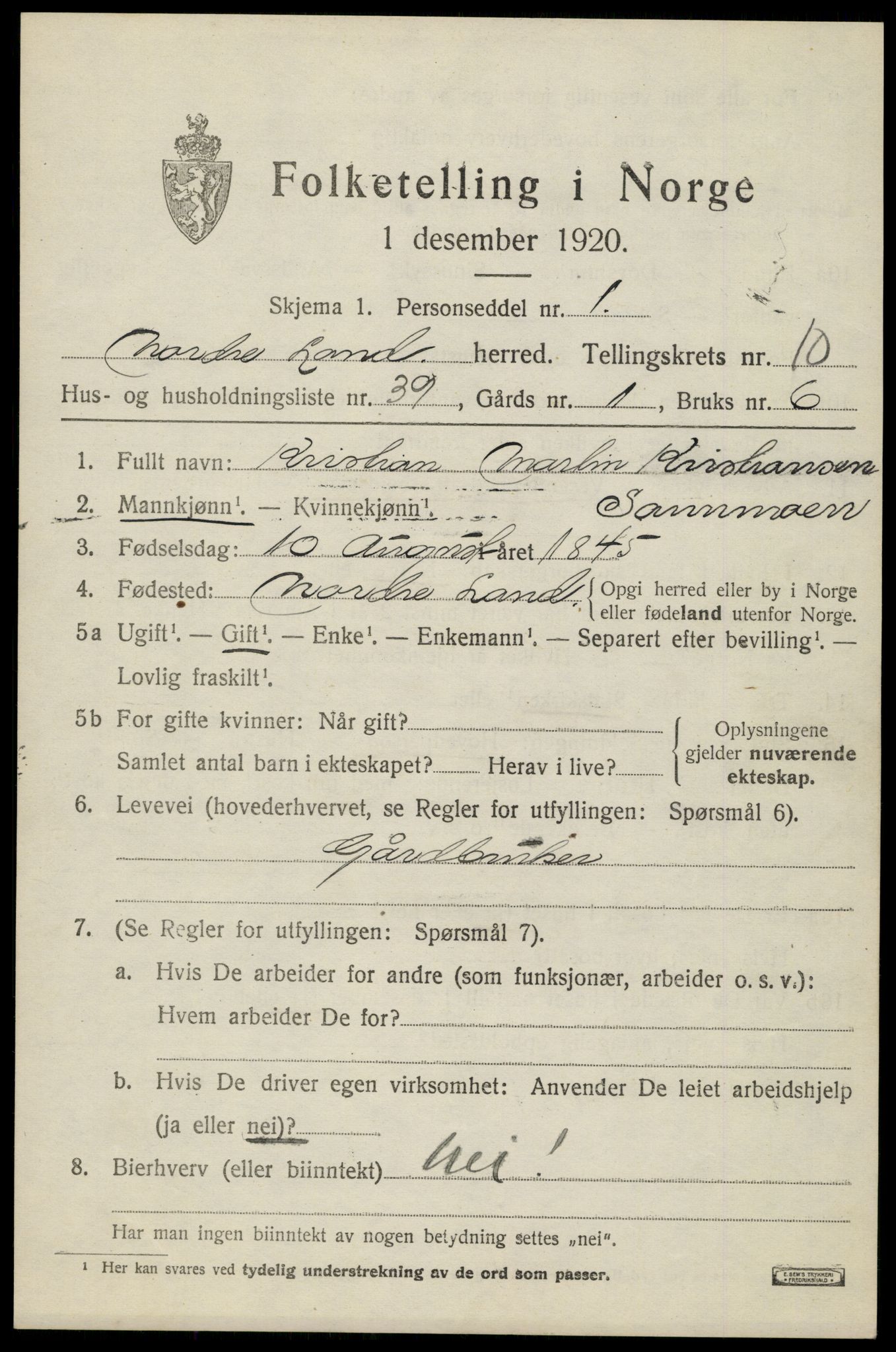 SAH, Folketelling 1920 for 0538 Nordre Land herred, 1920, s. 5646