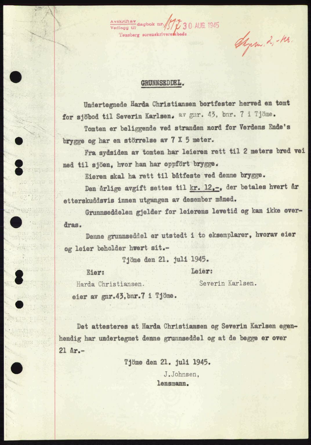 Tønsberg sorenskriveri, AV/SAKO-A-130/G/Ga/Gaa/L0017a: Pantebok nr. A17a, 1945-1945, Dagboknr: 1517/1945