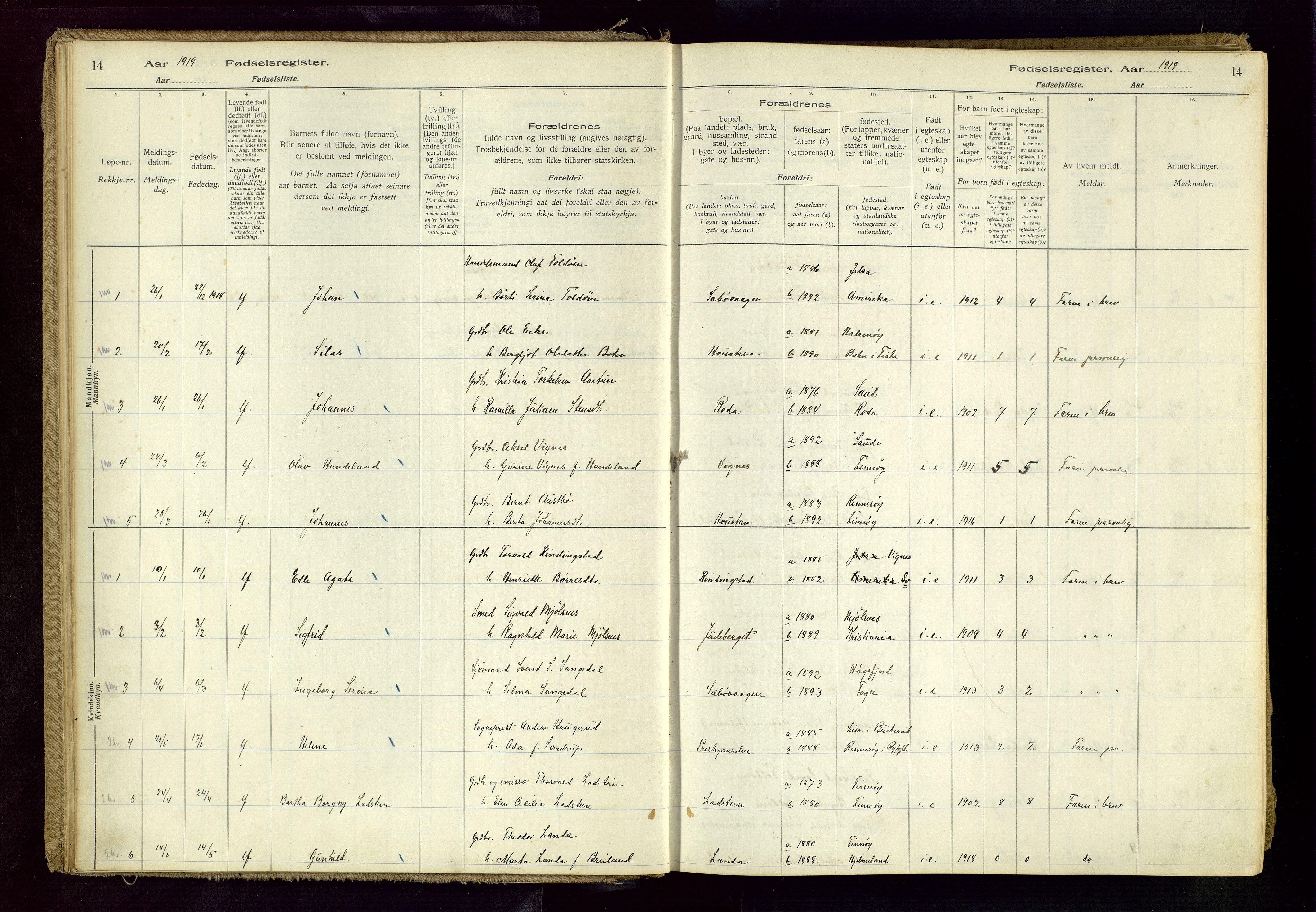 Finnøy sokneprestkontor, AV/SAST-A-101825/I/Id/L0001: Fødselsregister nr. 1, 1916-1977, s. 14