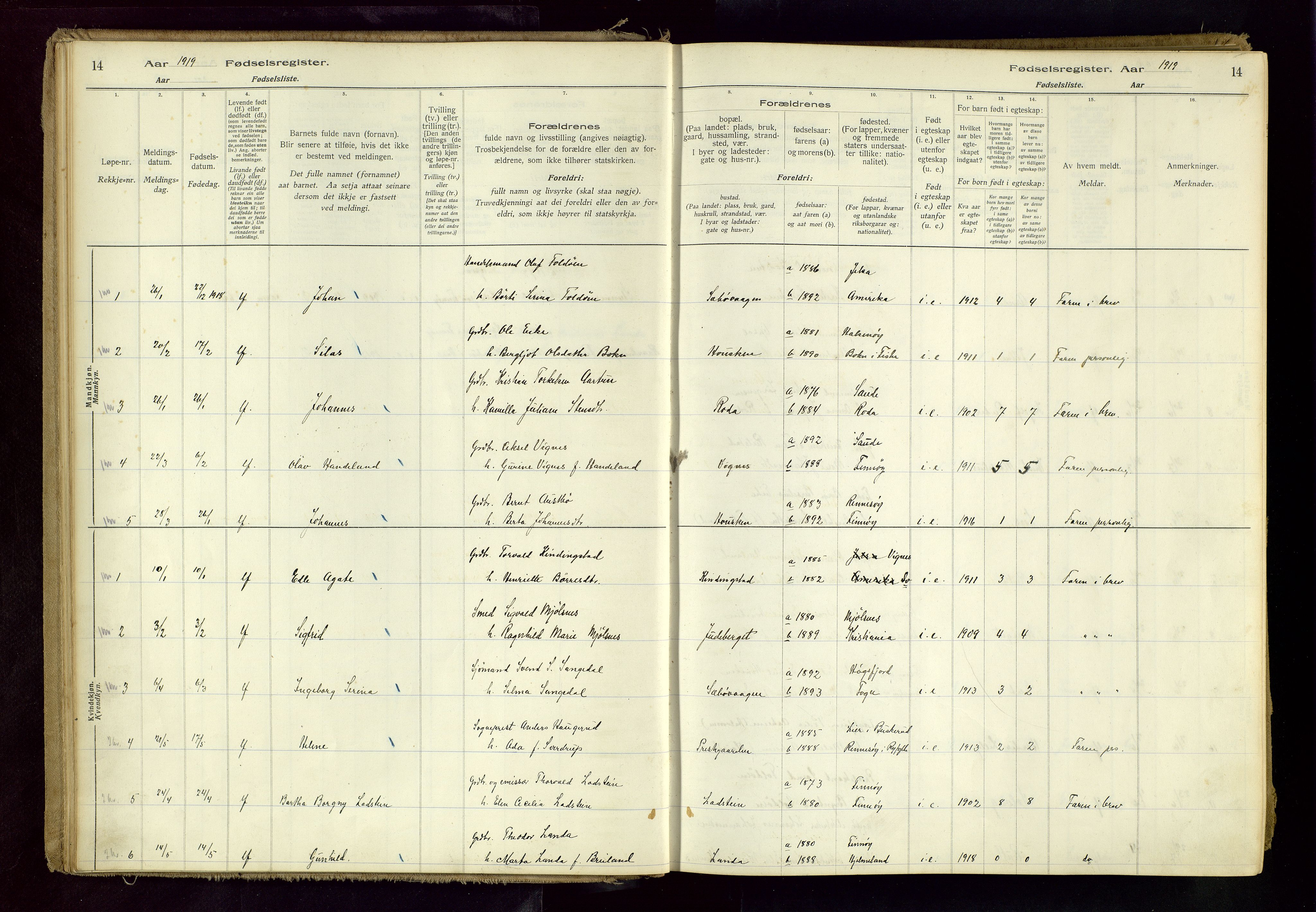 Finnøy sokneprestkontor, SAST/A-101825/I/Id/L0001: Fødselsregister nr. 1, 1916-1977, s. 14