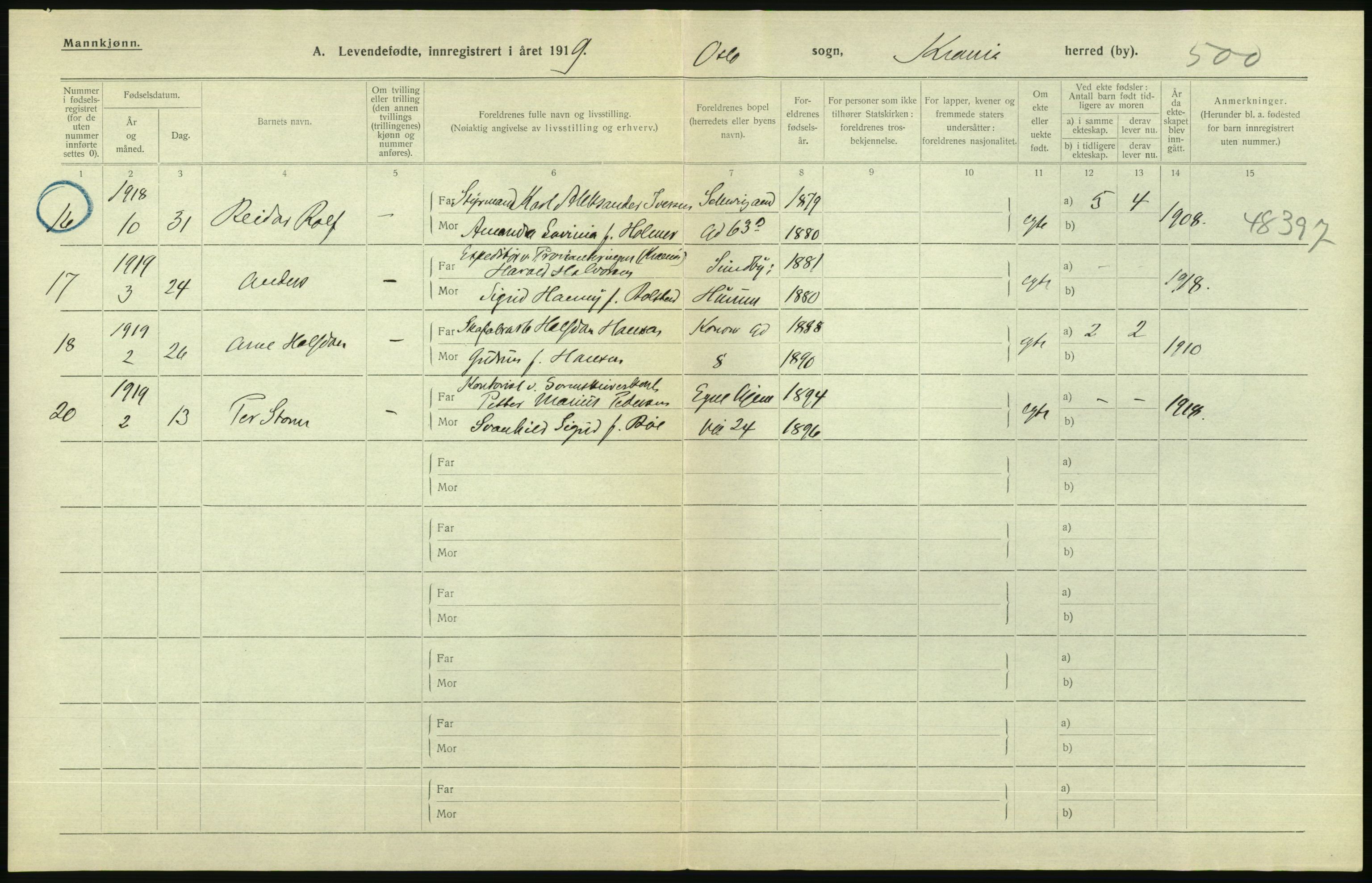 Statistisk sentralbyrå, Sosiodemografiske emner, Befolkning, AV/RA-S-2228/D/Df/Dfb/Dfbi/L0008: Kristiania: Levendefødte menn og kvinner., 1919