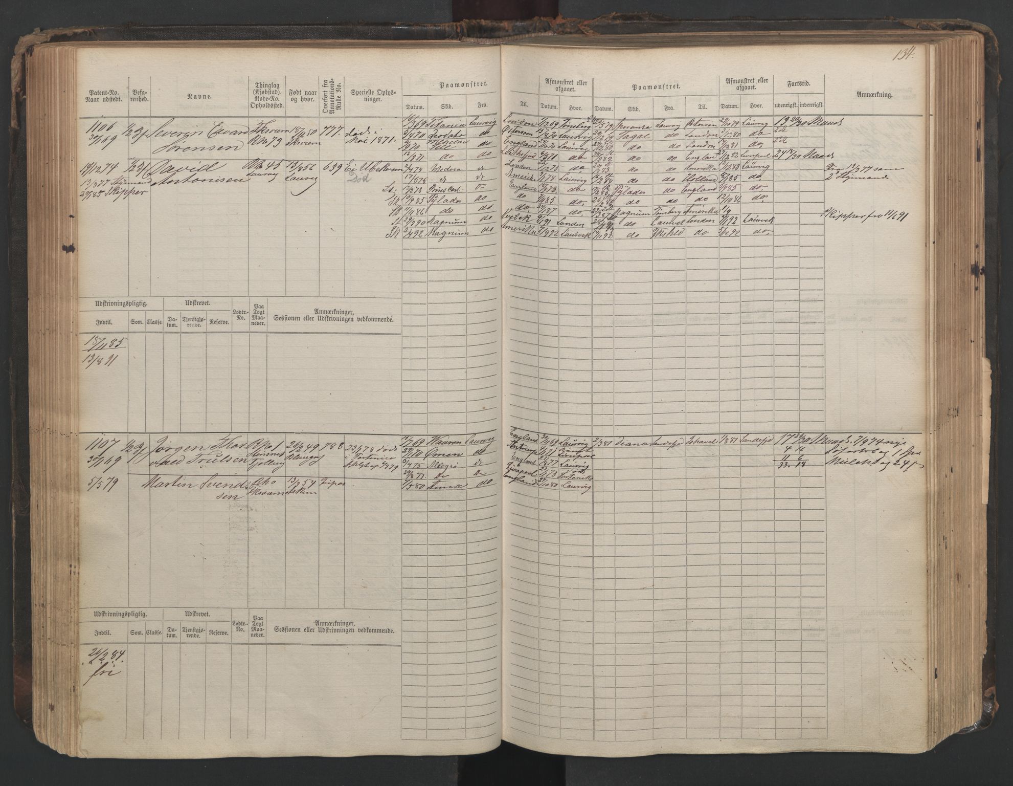 Larvik innrulleringskontor, SAKO/A-787/F/Fc/L0003: Hovedrulle, 1868, s. 134