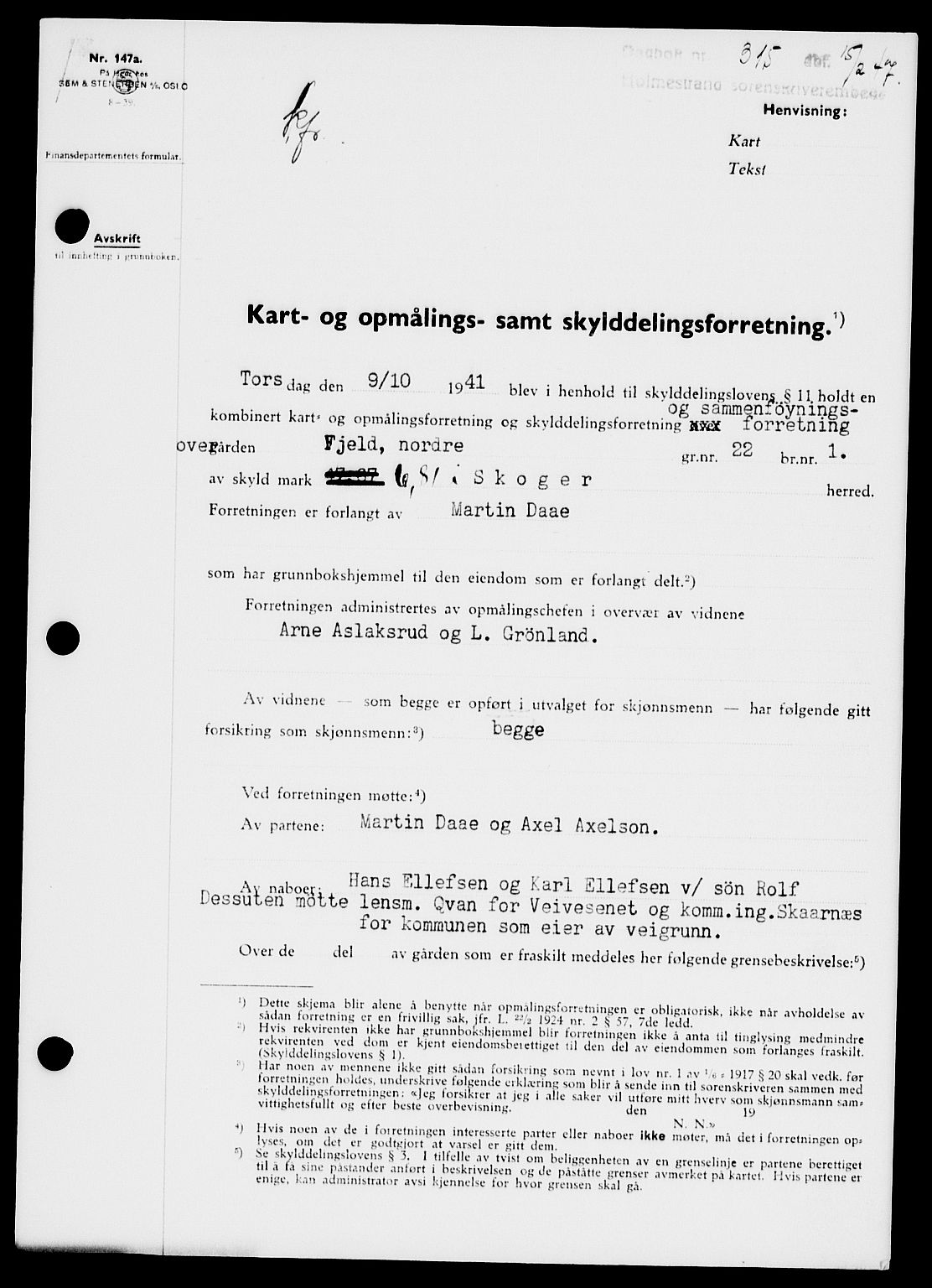 Holmestrand sorenskriveri, SAKO/A-67/G/Ga/Gaa/L0061: Pantebok nr. A-61, 1946-1947, Dagboknr: 315/1947