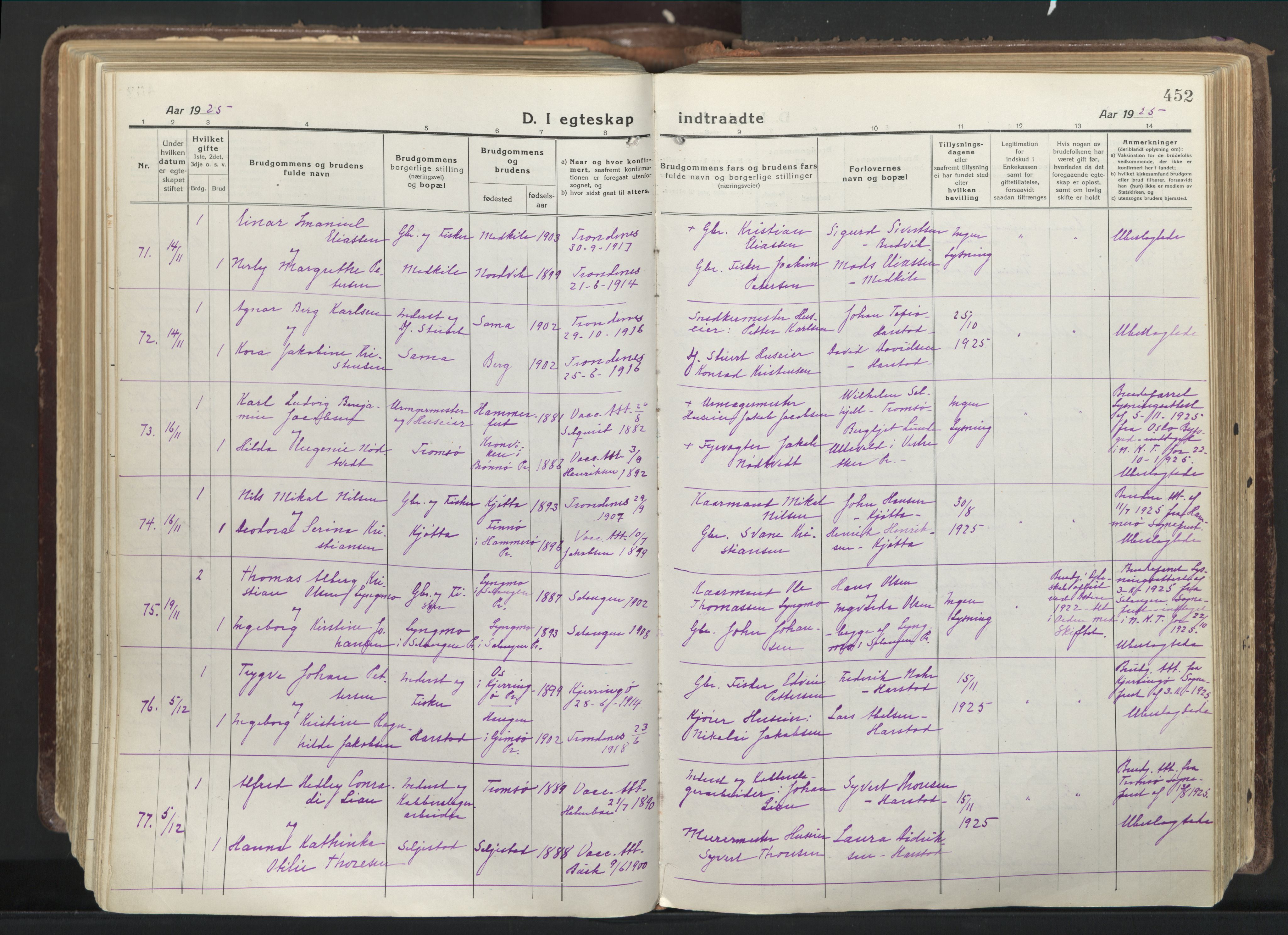 Trondenes sokneprestkontor, AV/SATØ-S-1319/H/Ha/L0019kirke: Ministerialbok nr. 19, 1919-1928, s. 452