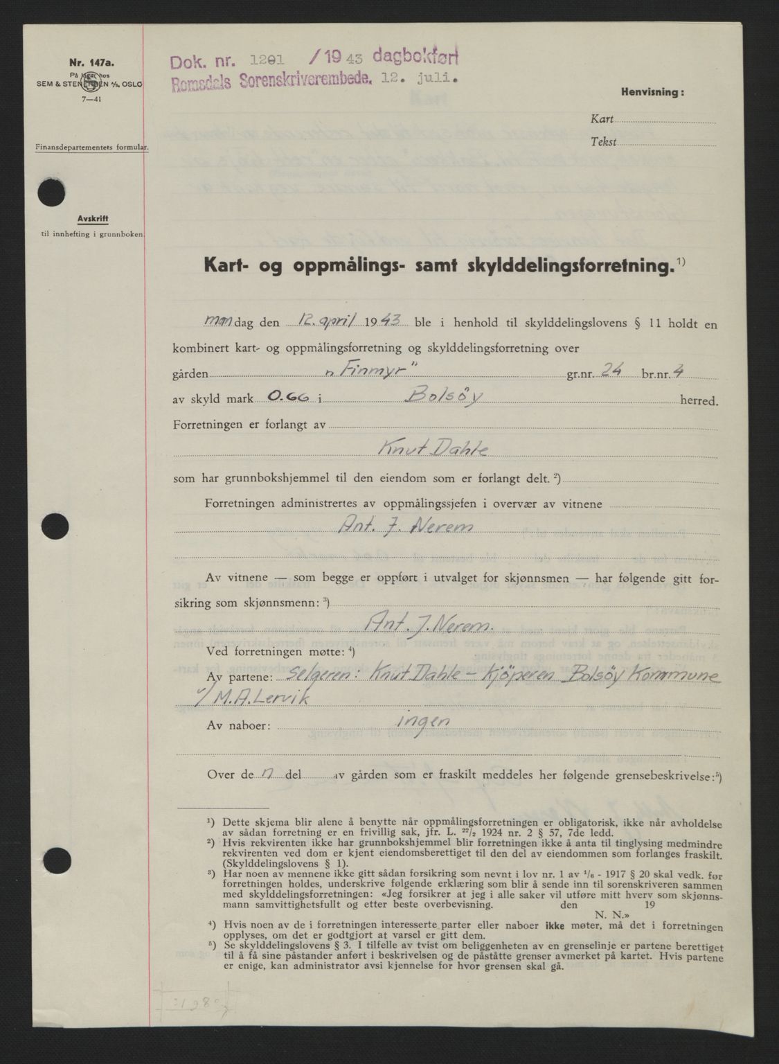 Romsdal sorenskriveri, SAT/A-4149/1/2/2C: Pantebok nr. A14, 1943-1943, Dagboknr: 1201/1943
