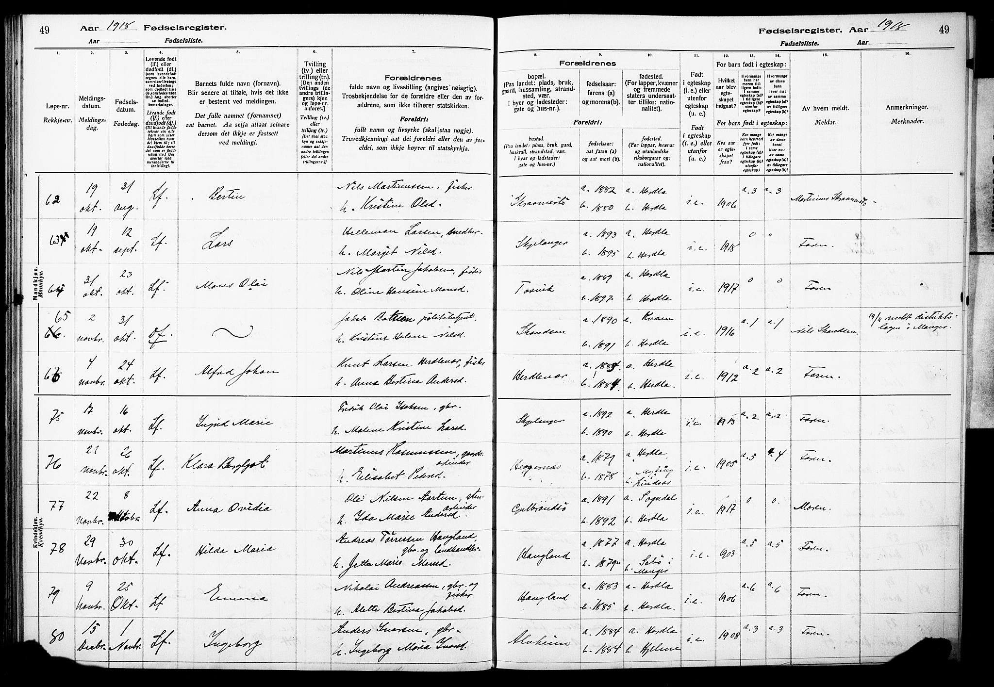 Herdla Sokneprestembete, AV/SAB-A-75701/I/Id/L00A1: Fødselsregister nr. A 1, 1916-1929, s. 49