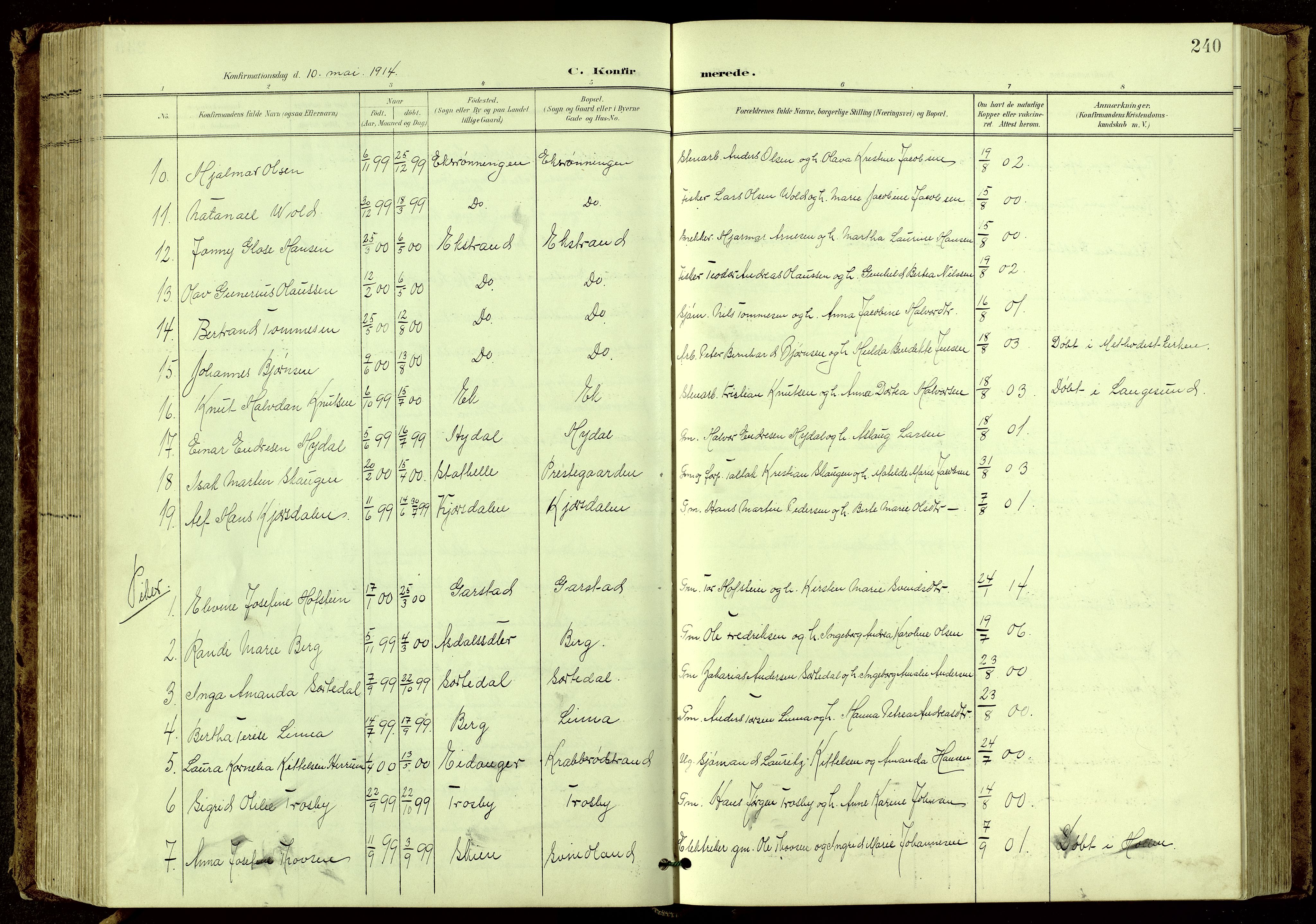 Bamble kirkebøker, AV/SAKO-A-253/G/Ga/L0010: Klokkerbok nr. I 10, 1901-1919, s. 240