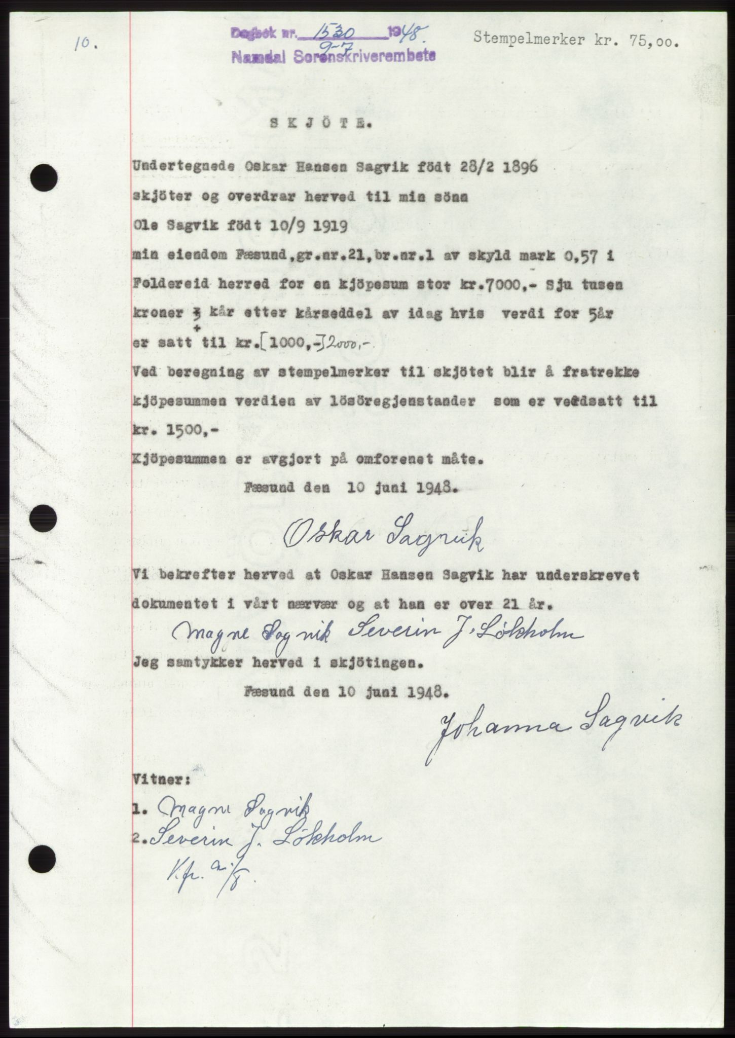Namdal sorenskriveri, SAT/A-4133/1/2/2C: Pantebok nr. -, 1948-1948, Dagboknr: 1530/1948
