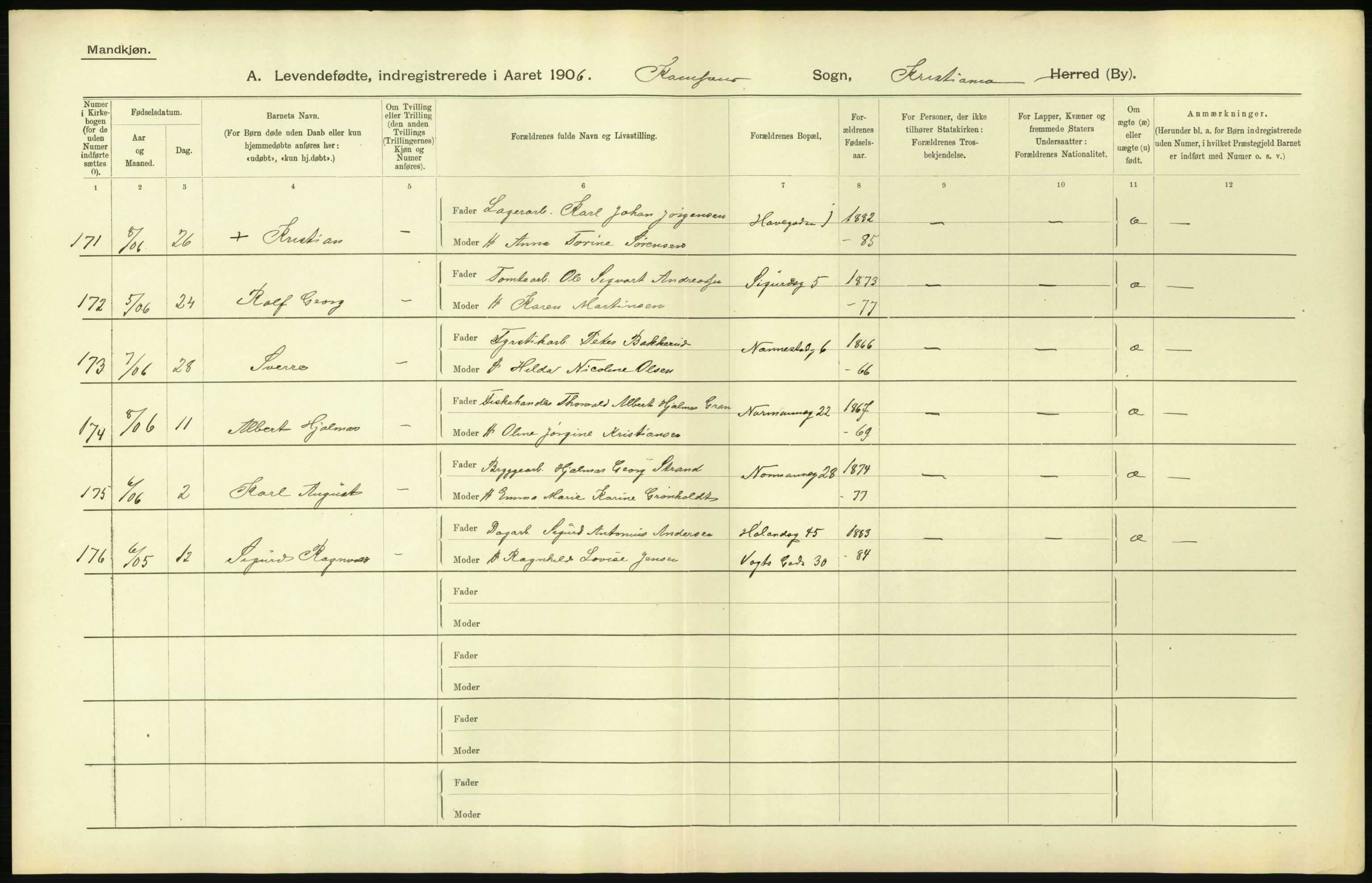 Statistisk sentralbyrå, Sosiodemografiske emner, Befolkning, AV/RA-S-2228/D/Df/Dfa/Dfad/L0007: Kristiania: Levendefødte menn og kvinner., 1906, s. 730