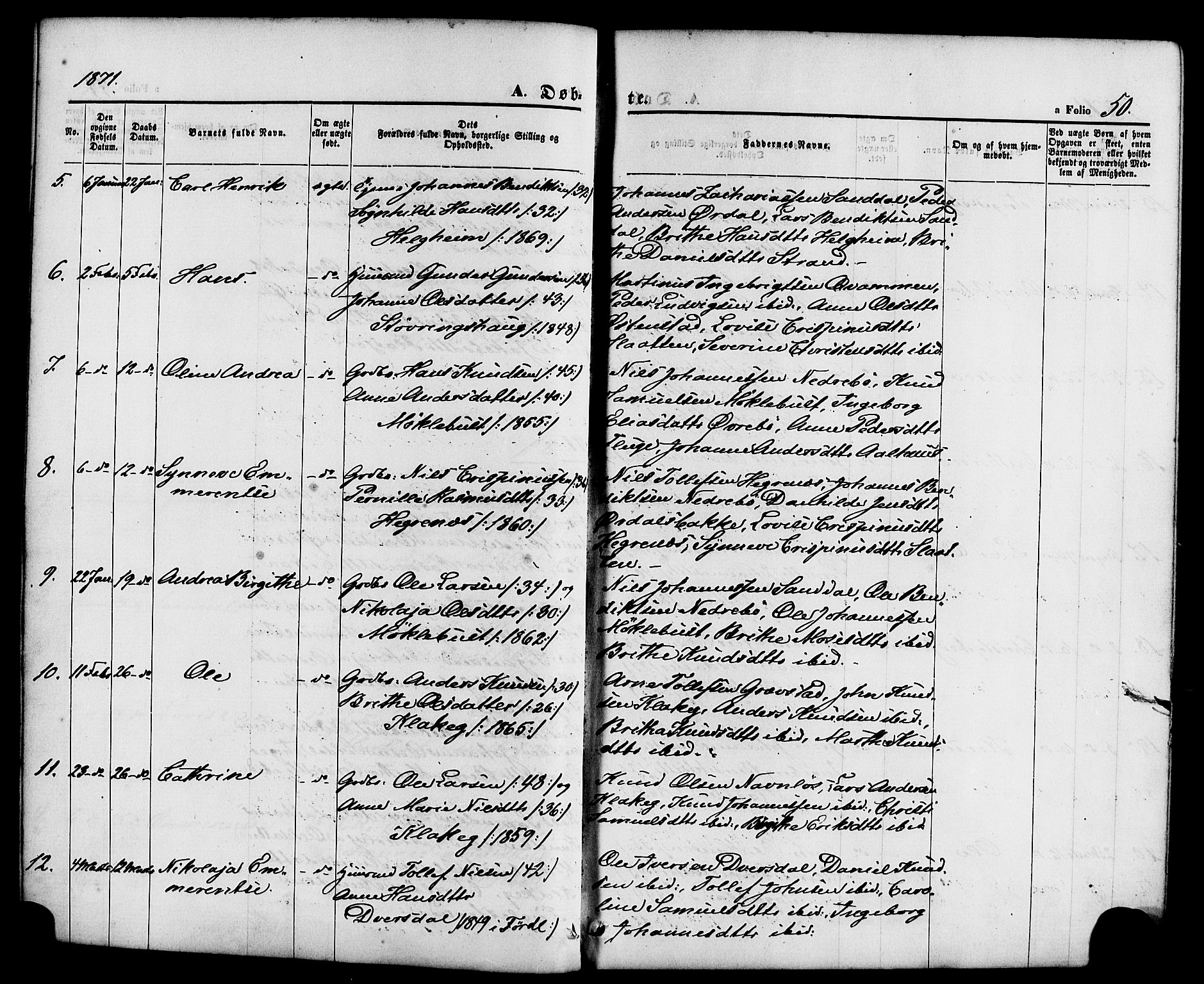 Jølster sokneprestembete, AV/SAB-A-80701/H/Haa/Haaa/L0011: Ministerialbok nr. A 11, 1866-1881, s. 50
