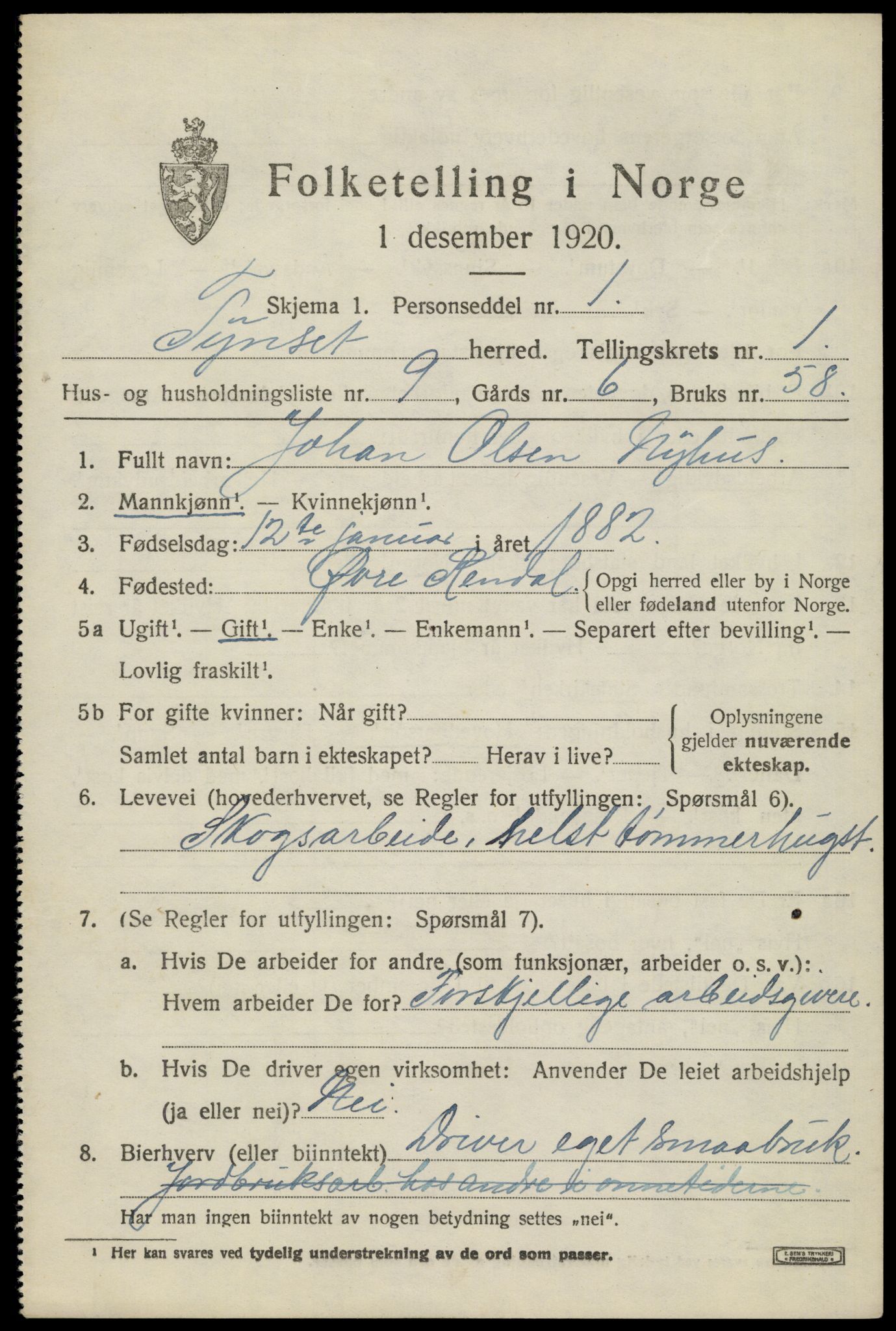 SAH, Folketelling 1920 for 0437 Tynset herred, 1920, s. 1618