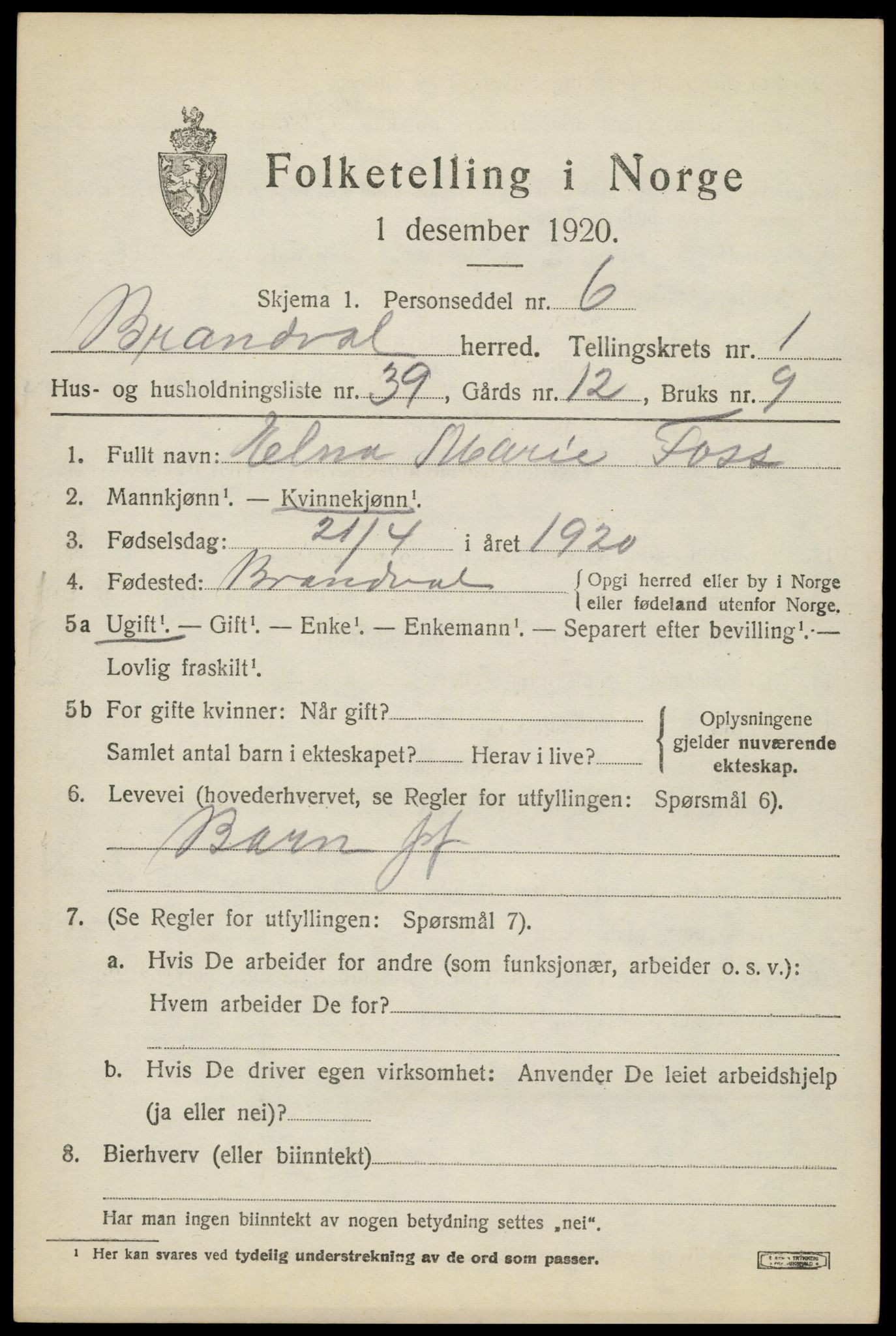 SAH, Folketelling 1920 for 0422 Brandval herred, 1920, s. 2022