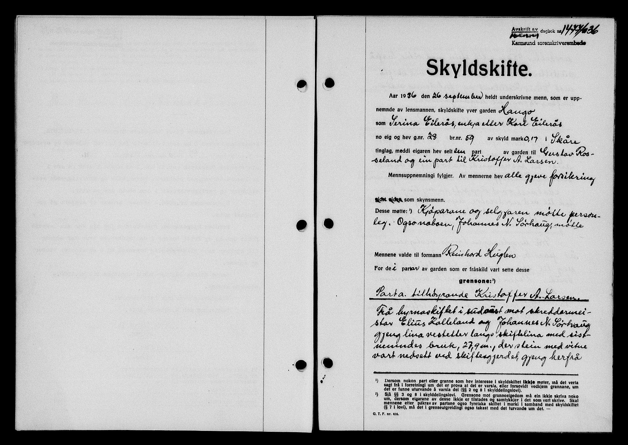 Karmsund sorenskriveri, SAST/A-100311/01/II/IIB/L0066: Pantebok nr. 47A, 1936-1936, Dagboknr: 1477/1936