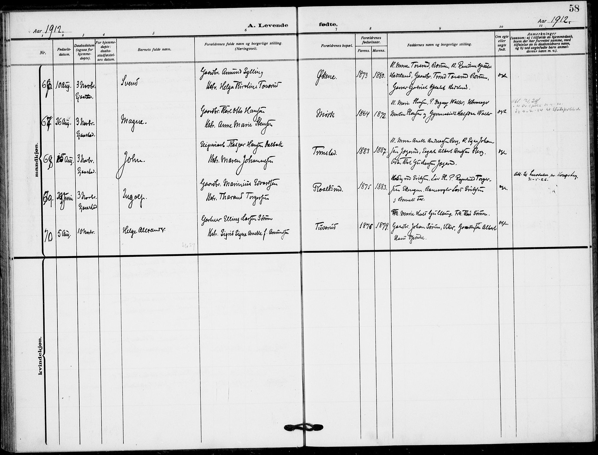 Lier kirkebøker, AV/SAKO-A-230/F/Fa/L0018: Ministerialbok nr. I 18, 1909-1917, s. 58