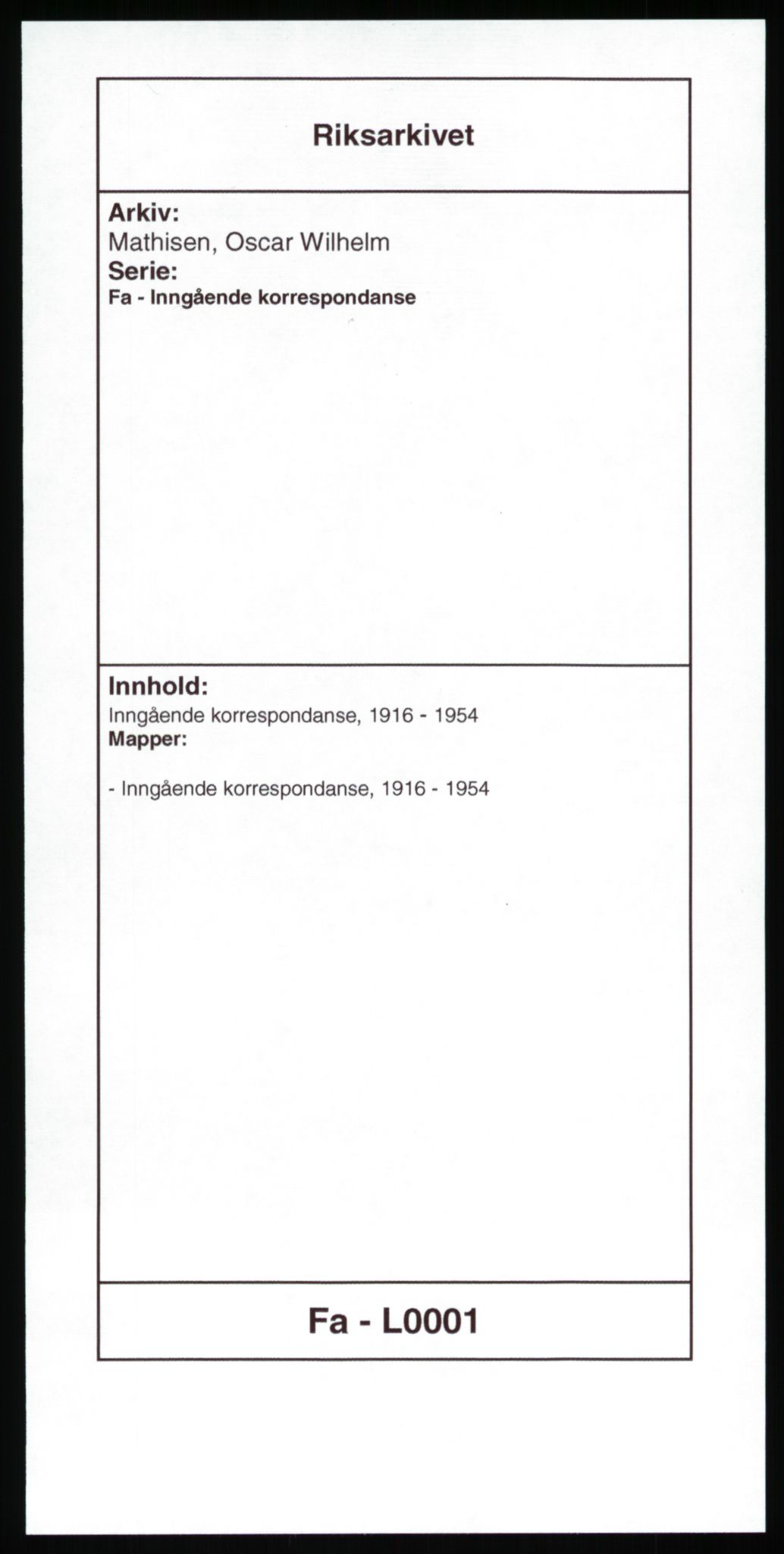 Mathisen, Oscar Wilhelm, RA/PA-1912/Fa/L0001: Inngående korrespondanse, 1916-1954, s. 1