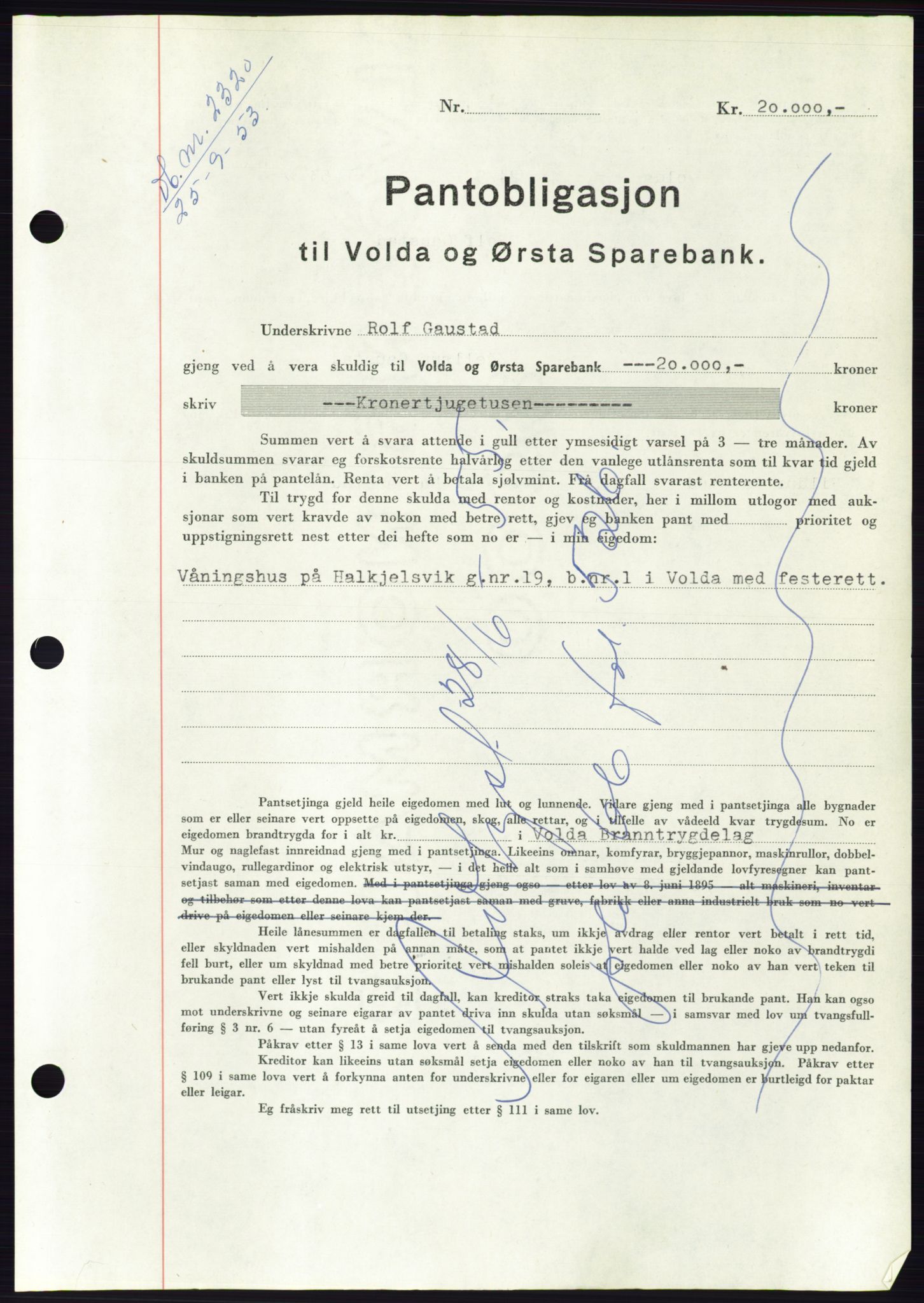 Søre Sunnmøre sorenskriveri, SAT/A-4122/1/2/2C/L0124: Pantebok nr. 12B, 1953-1954, Dagboknr: 2320/1953