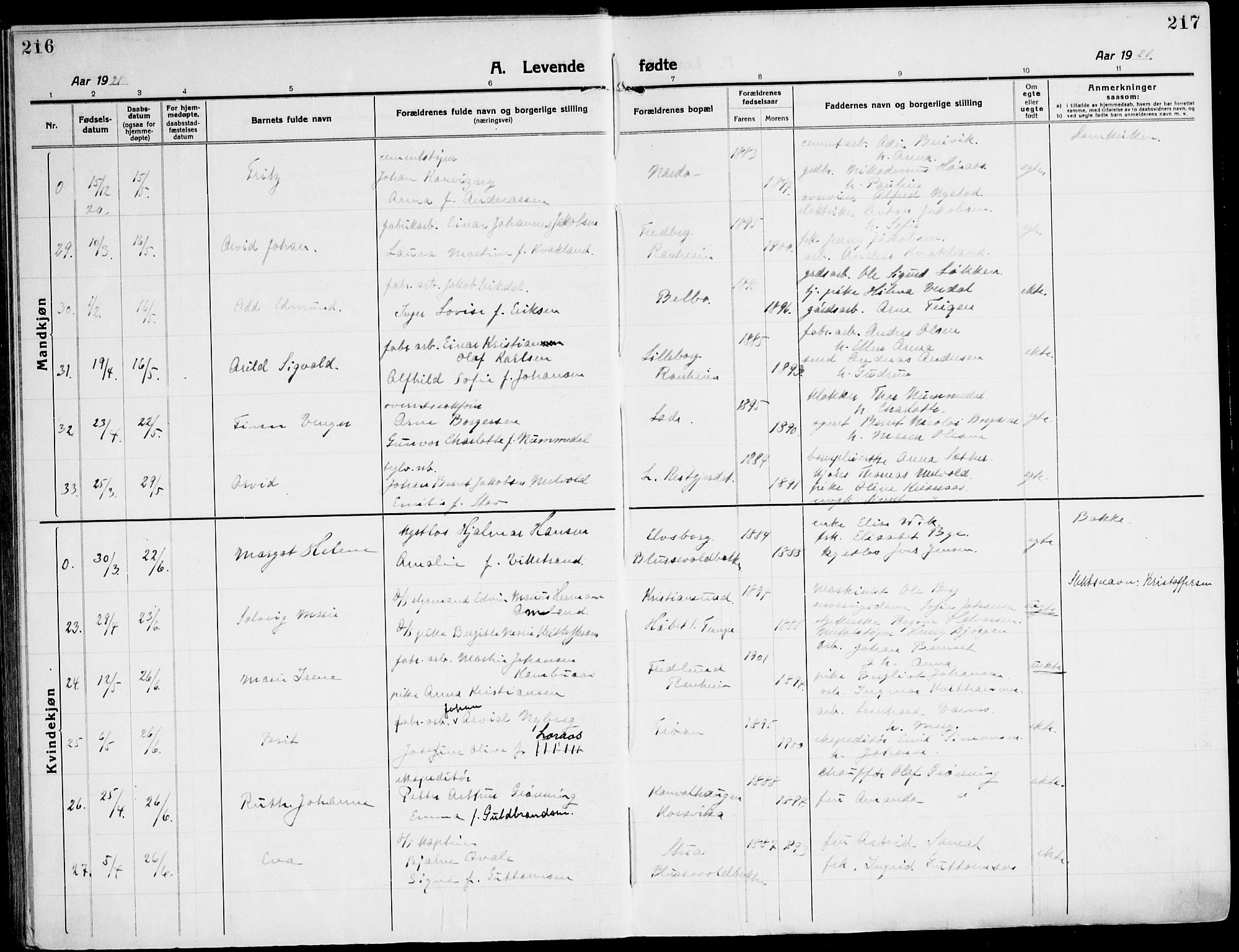 Ministerialprotokoller, klokkerbøker og fødselsregistre - Sør-Trøndelag, SAT/A-1456/607/L0321: Ministerialbok nr. 607A05, 1916-1935, s. 216-217