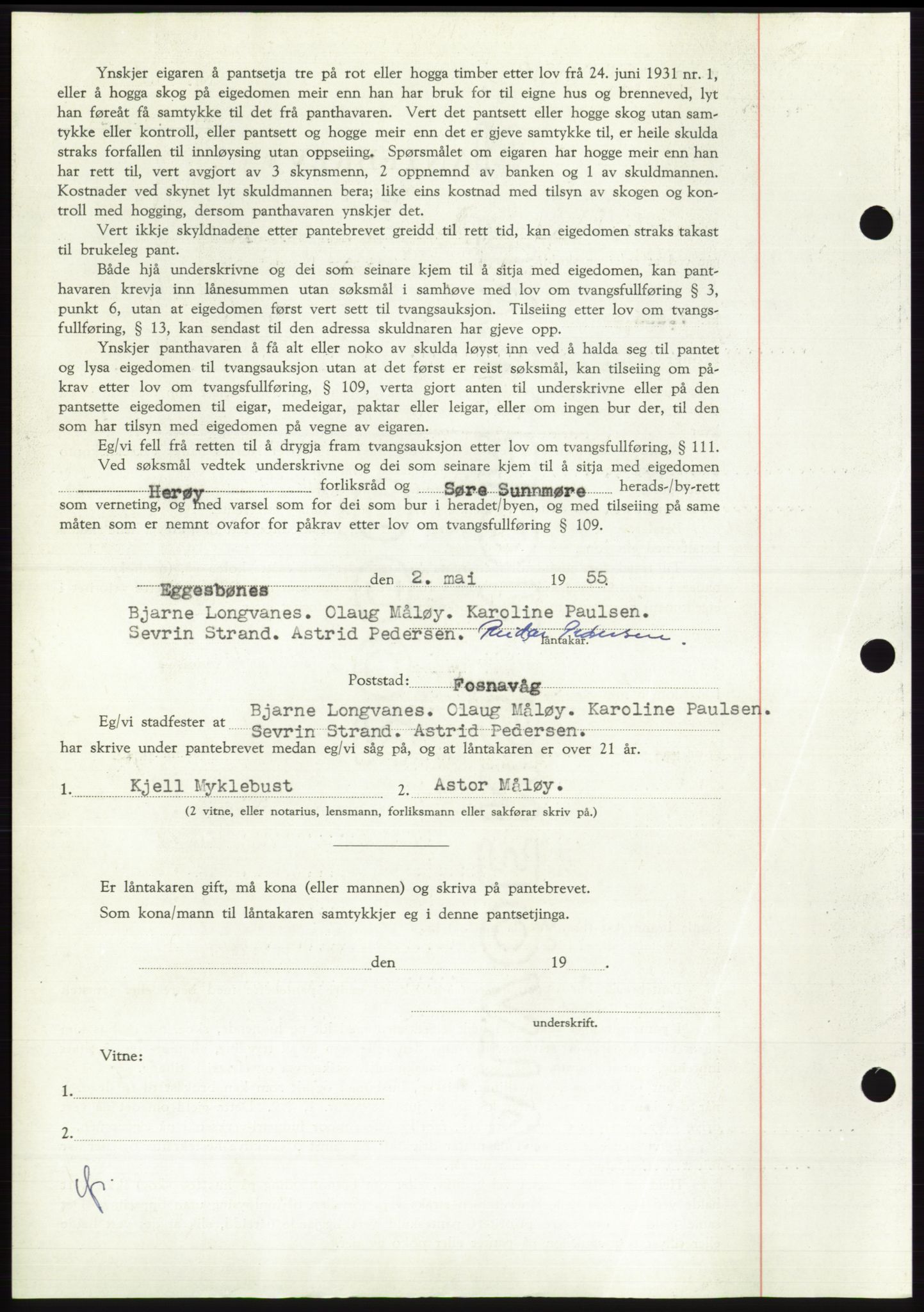 Søre Sunnmøre sorenskriveri, AV/SAT-A-4122/1/2/2C/L0126: Pantebok nr. 14B, 1954-1955, Dagboknr: 1066/1955