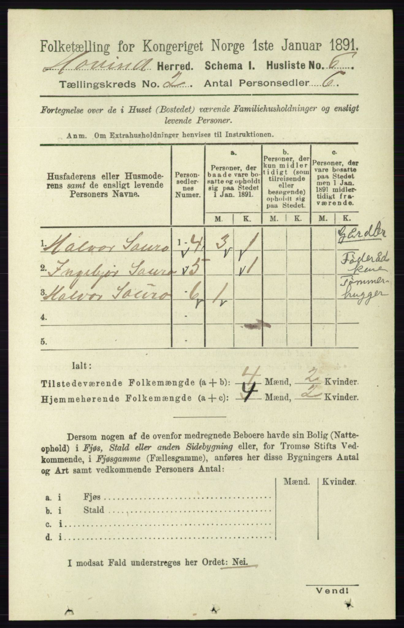 RA, Folketelling 1891 for 0825 Hovin herred, 1891, s. 464