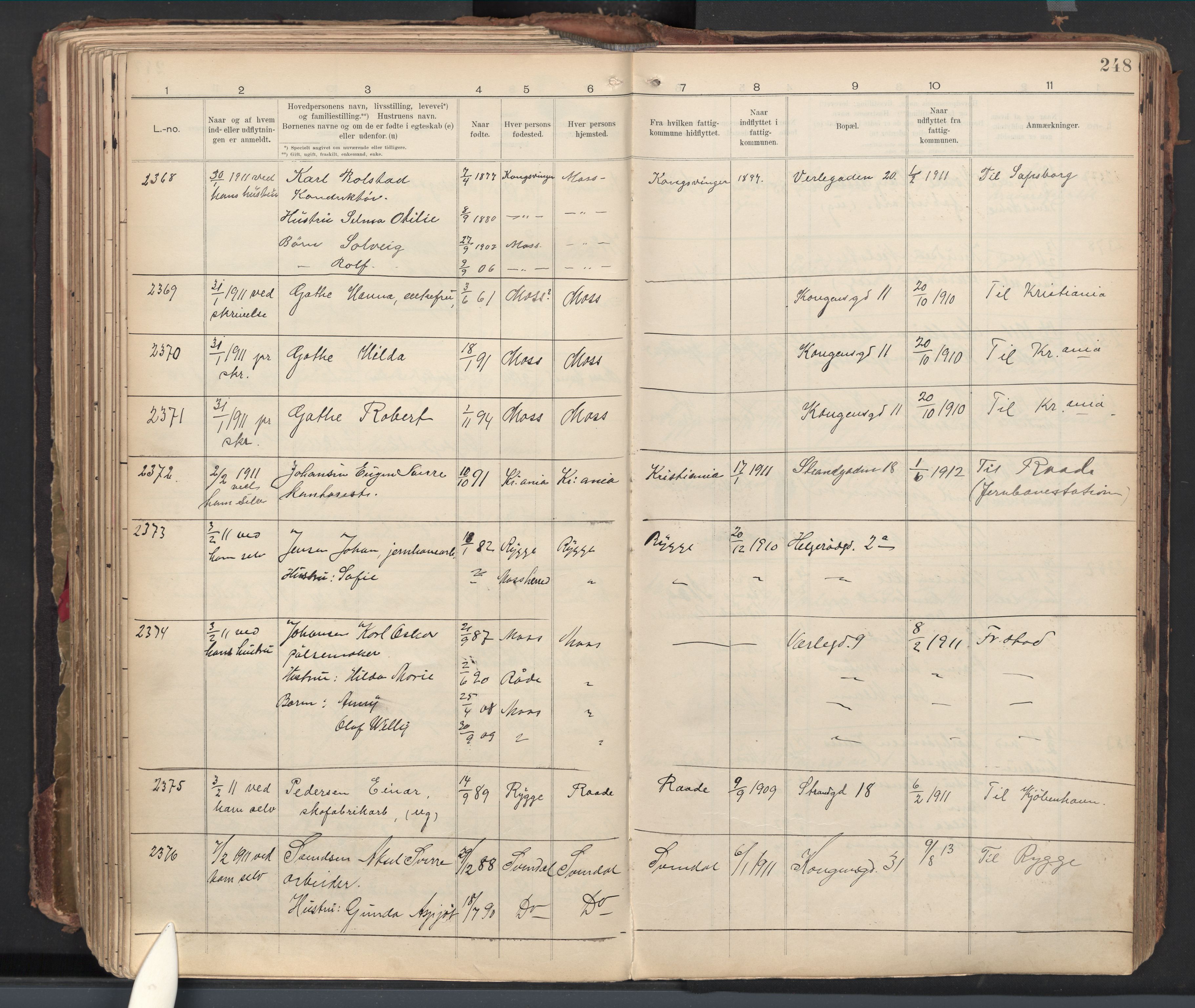 Moss folkeregister, AV/SAO-A-10020/J/L0002: Inn- og utflyttede i Moss fattigkommune, 1905-1913, s. 248