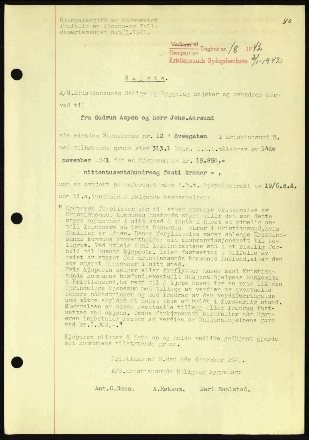 Kristiansund byfogd, AV/SAT-A-4587/A/27: Pantebok nr. 34, 1941-1945, Dagboknr: 18/1942
