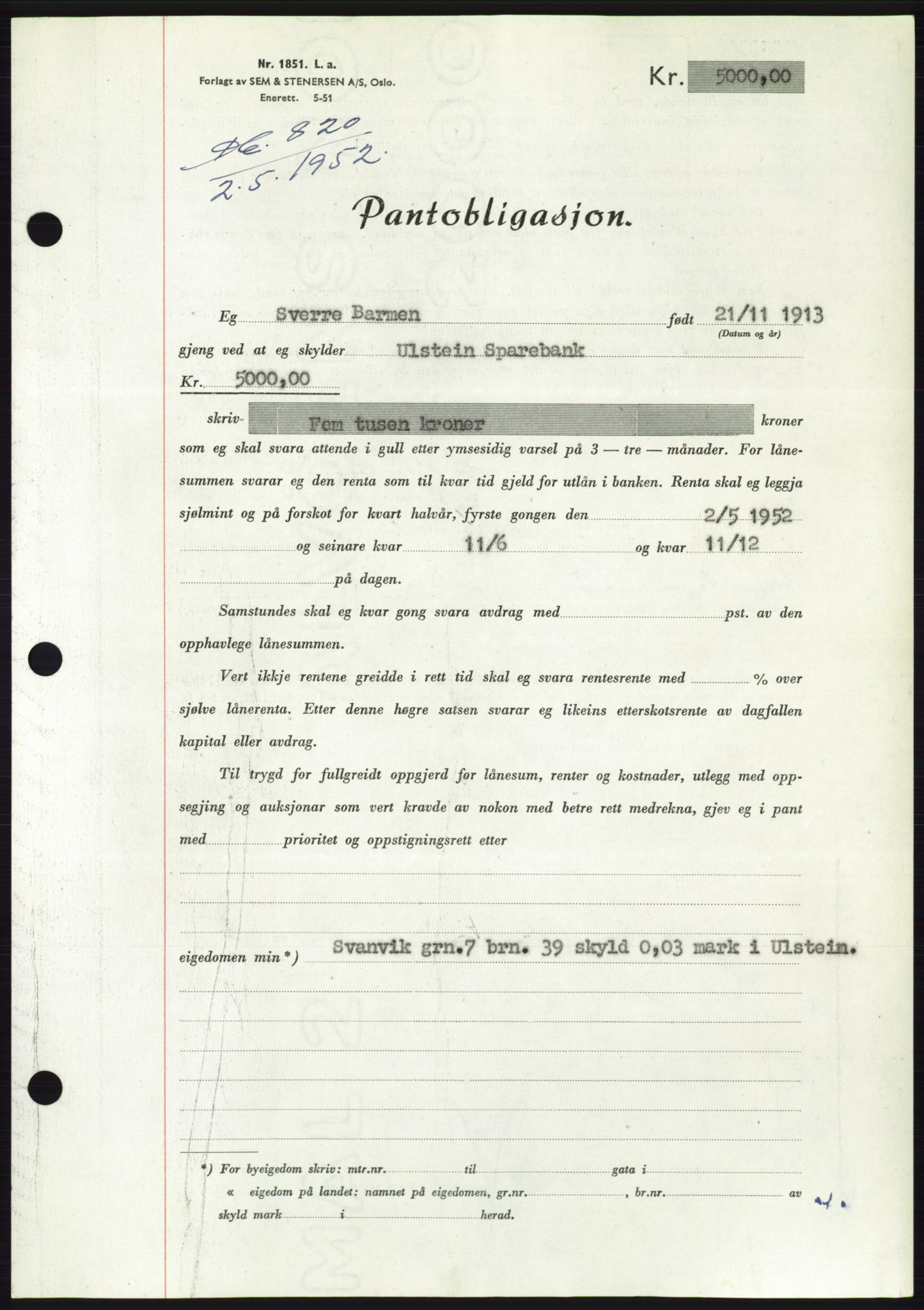 Søre Sunnmøre sorenskriveri, AV/SAT-A-4122/1/2/2C/L0121: Pantebok nr. 9B, 1951-1952, Dagboknr: 820/1952