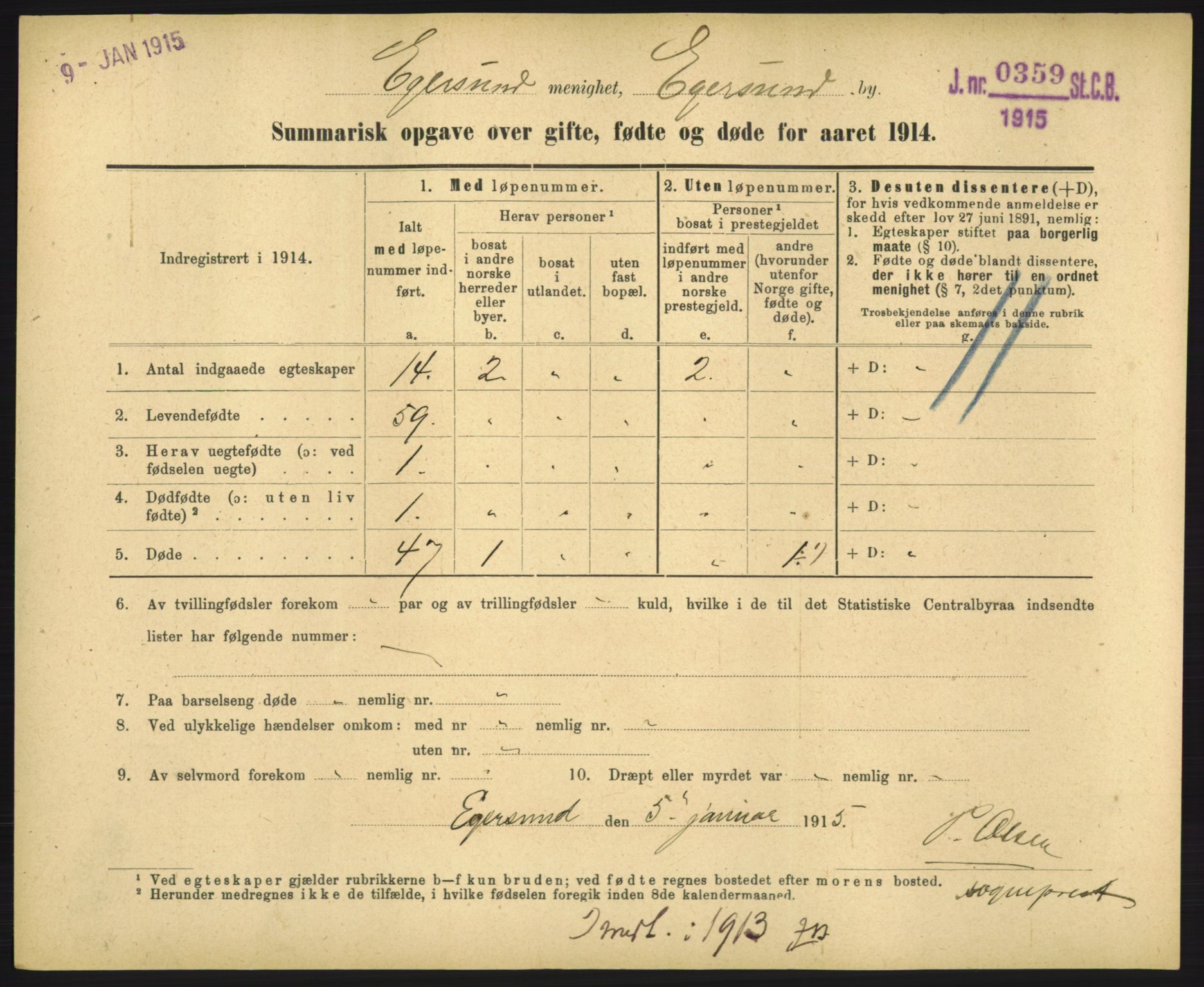 Statistisk sentralbyrå, Sosiodemografiske emner, Befolkning, RA/S-2228/D/Df/Dfb/Dfbd/L0049: Summariske oppgaver over gifte, døde og fødte for hele landet., 1914, s. 821