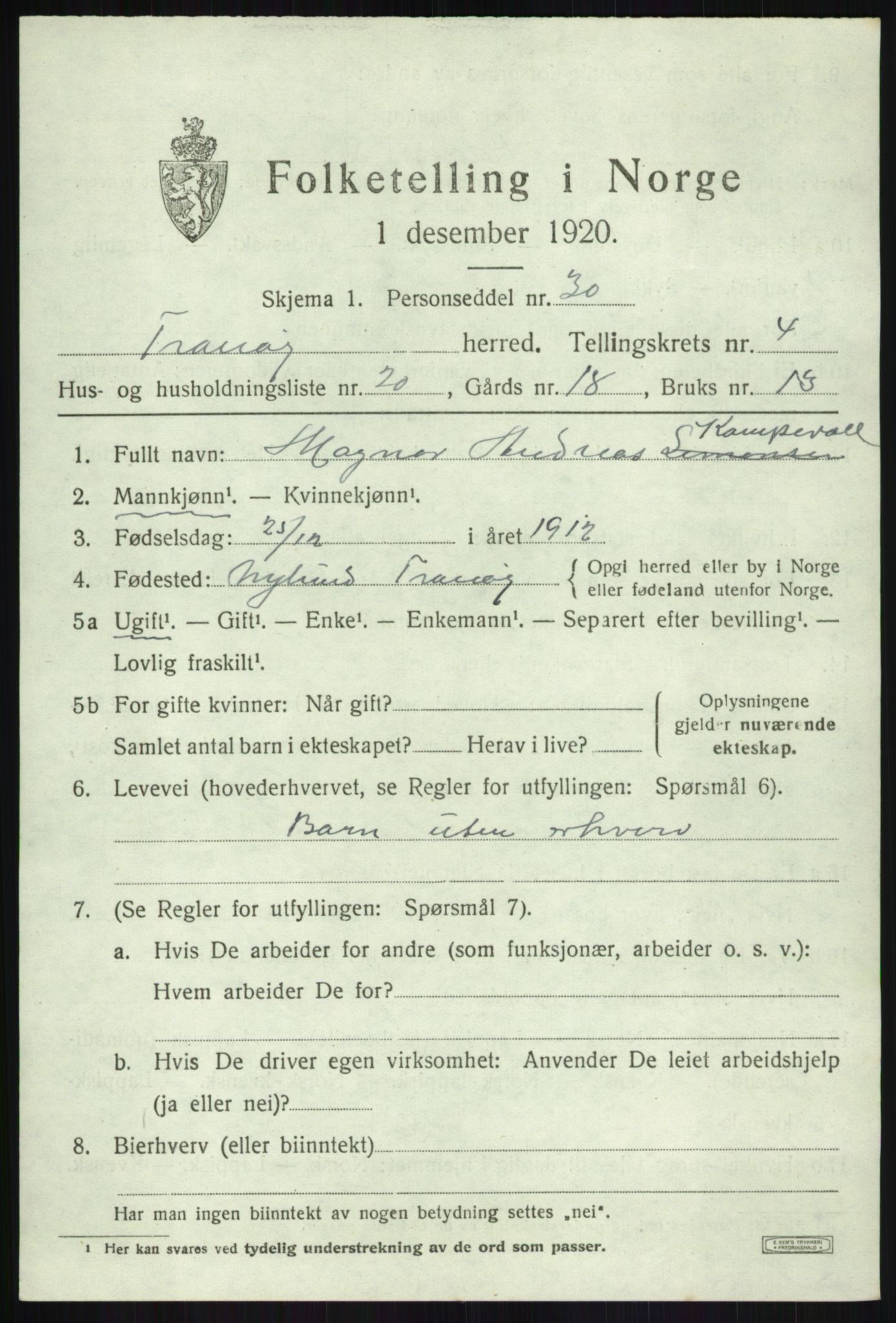 SATØ, Folketelling 1920 for 1927 Tranøy herred, 1920, s. 2341