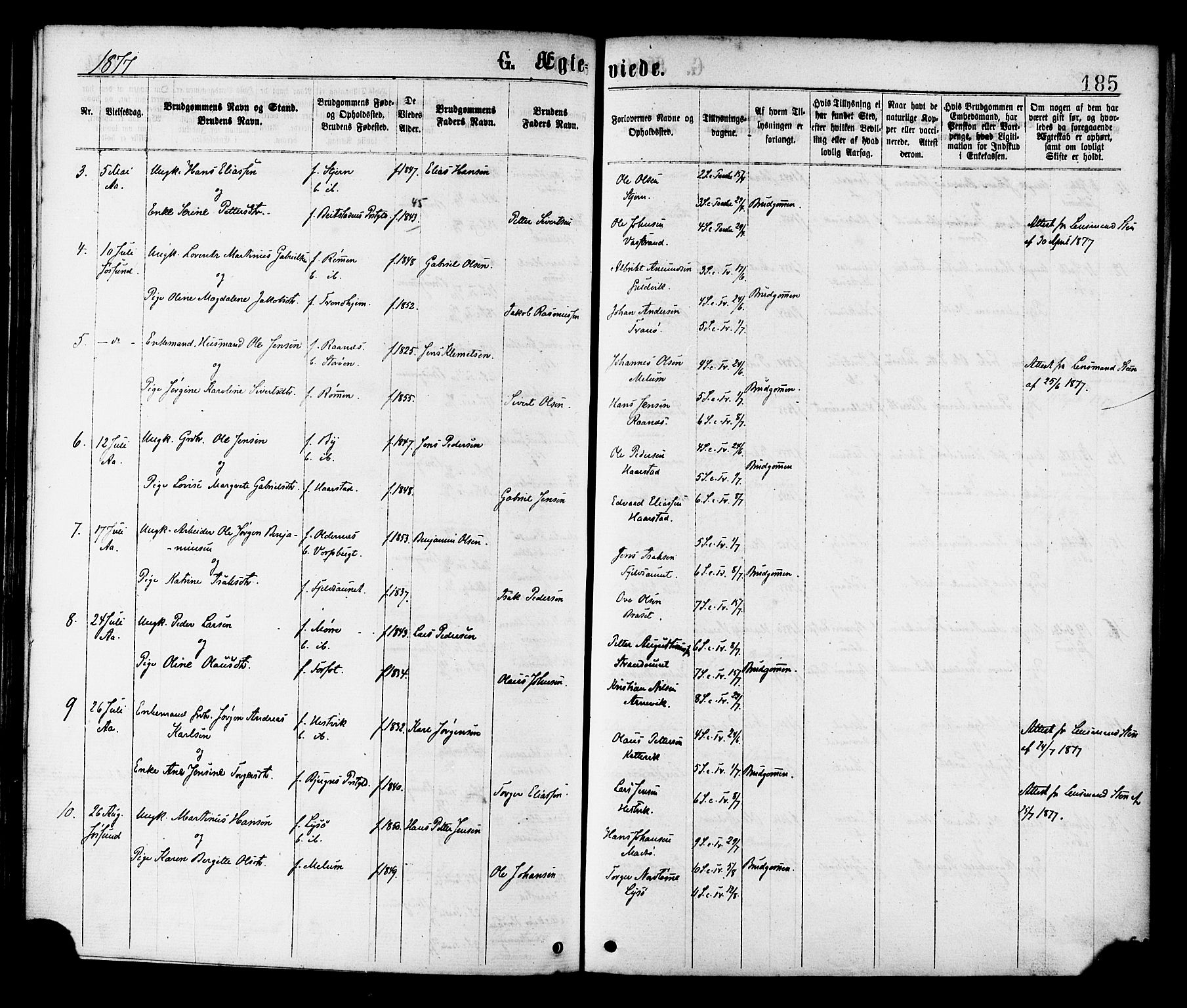 Ministerialprotokoller, klokkerbøker og fødselsregistre - Sør-Trøndelag, SAT/A-1456/655/L0679: Ministerialbok nr. 655A08, 1873-1879, s. 185