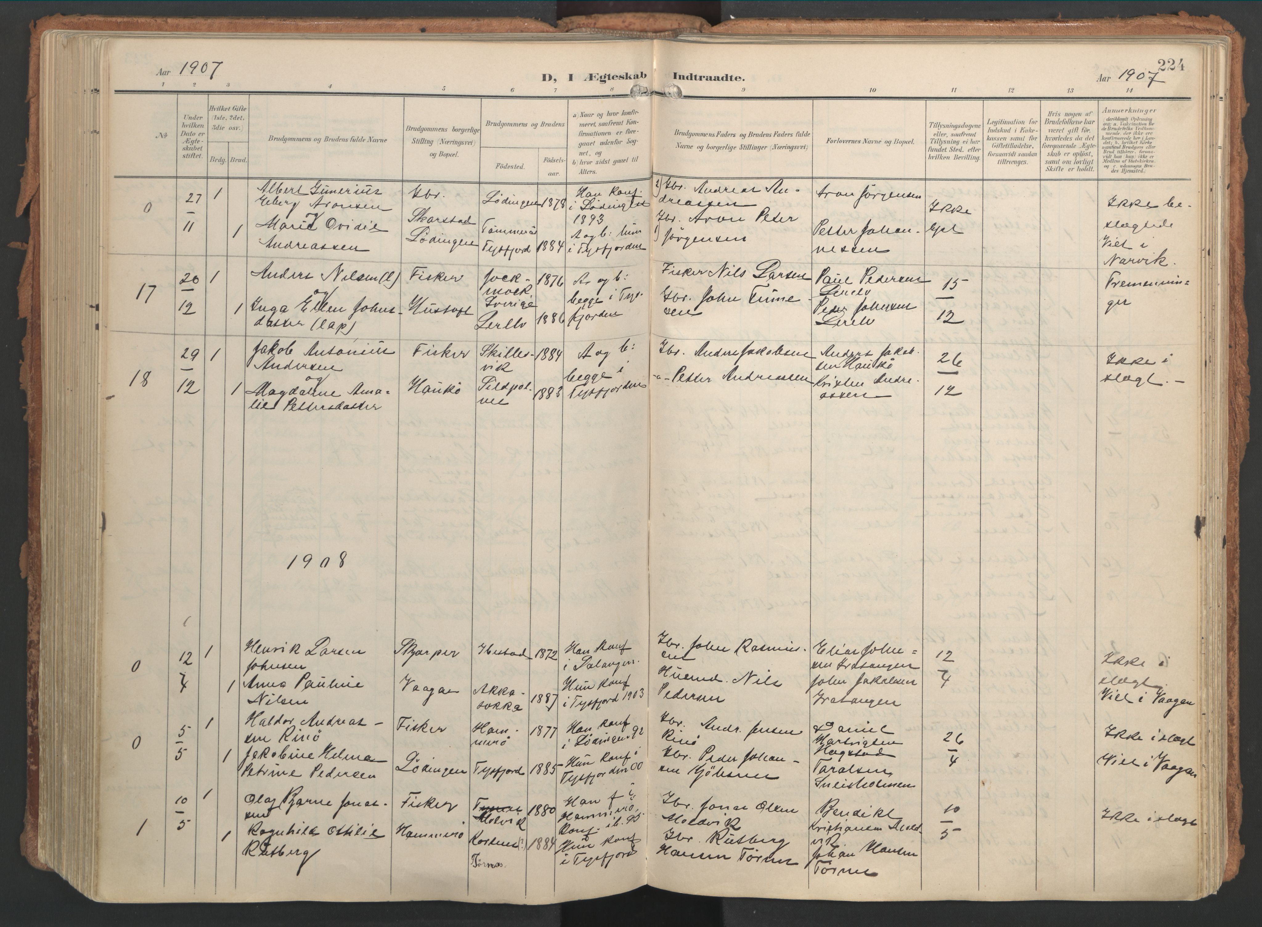 Ministerialprotokoller, klokkerbøker og fødselsregistre - Nordland, AV/SAT-A-1459/861/L0871: Ministerialbok nr. 861A06, 1903-1916, s. 224