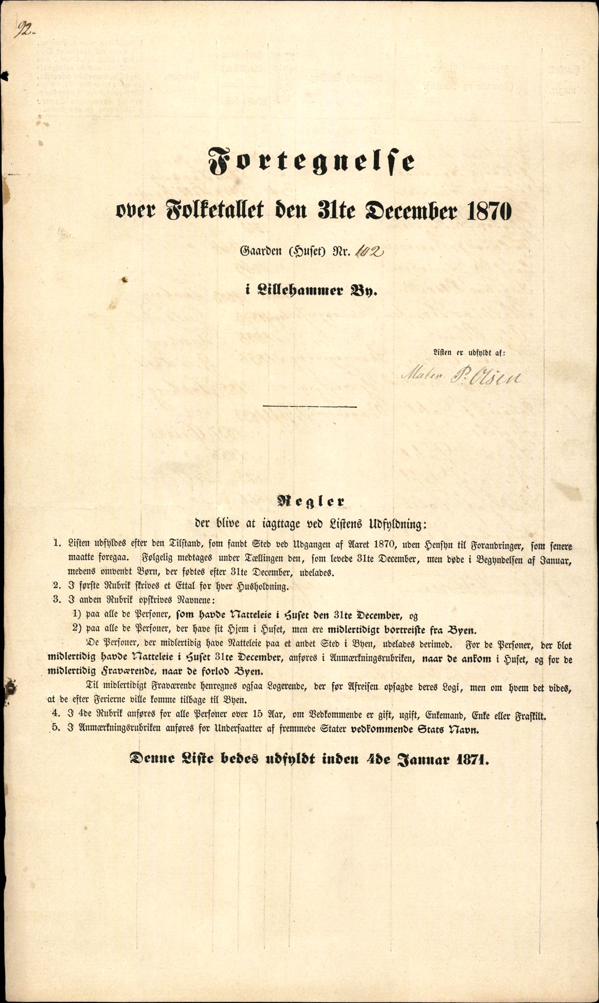 RA, Folketelling 1870 for 0501 Lillehammer kjøpstad, 1870, s. 92