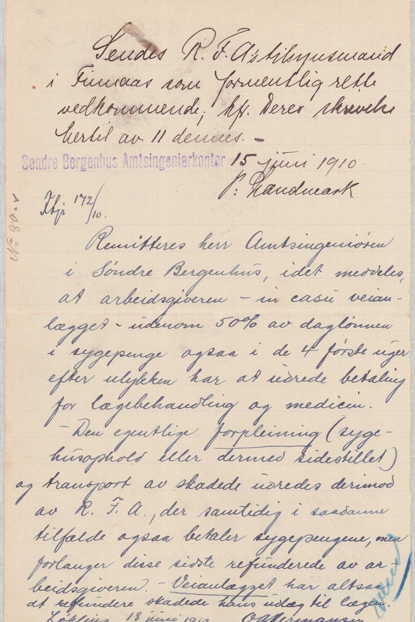 Finnaas kommune. Formannskapet, IKAH/1218a-021/E/Ea/L0001/0003: Rekneskap for veganlegg / Rekneskap for veganlegget Laurhammer - Olakjødn, 1909-1911, s. 40