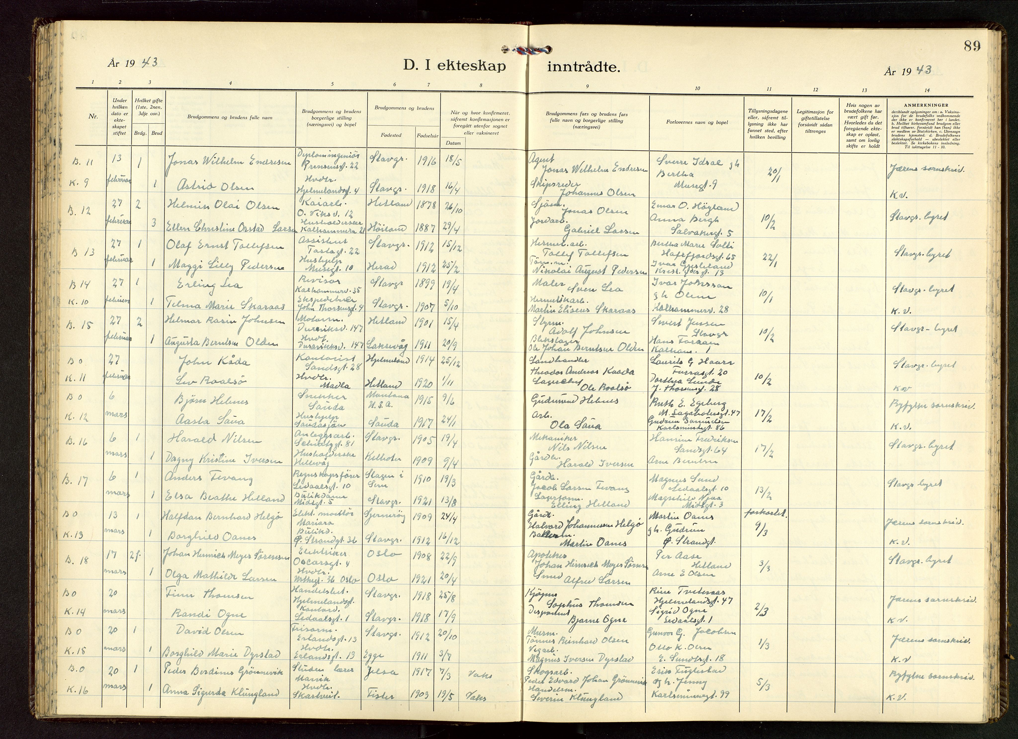 Domkirken sokneprestkontor, AV/SAST-A-101812/001/30/30BB/L0022: Klokkerbok nr. B 22, 1937-1949, s. 89