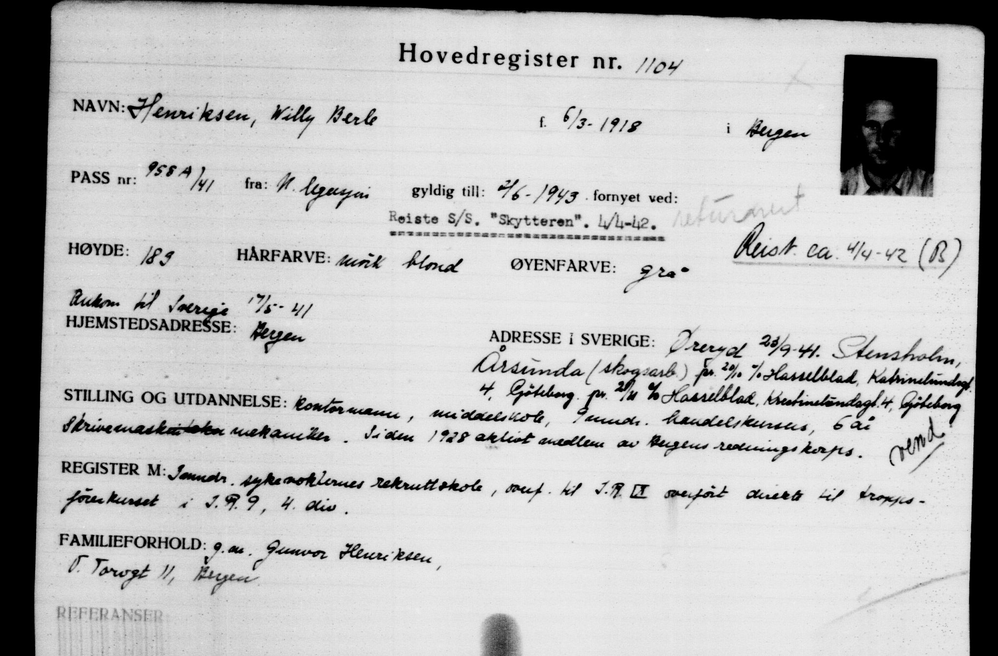 Utenriksstasjonene, Legasjonen i Stockholm, Flyktningkontoret, AV/RA-S-6753/V/Va/L0002: Kjesäterkartoteket, flyktninger med registreringsnr. 1001-2000, 1940-1945, s. 170